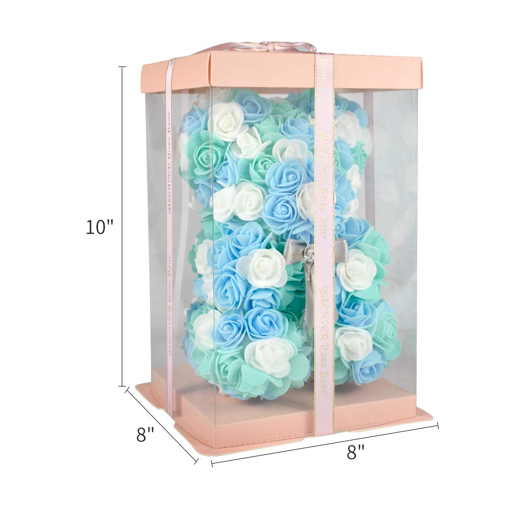 ASENVER Hand Made Artificial Flowers Rose Bear Pure Color for Valentine Birthday and Mother's Day with a 10" Pink Gift Box (Grey Bow-Tricolor Flower)