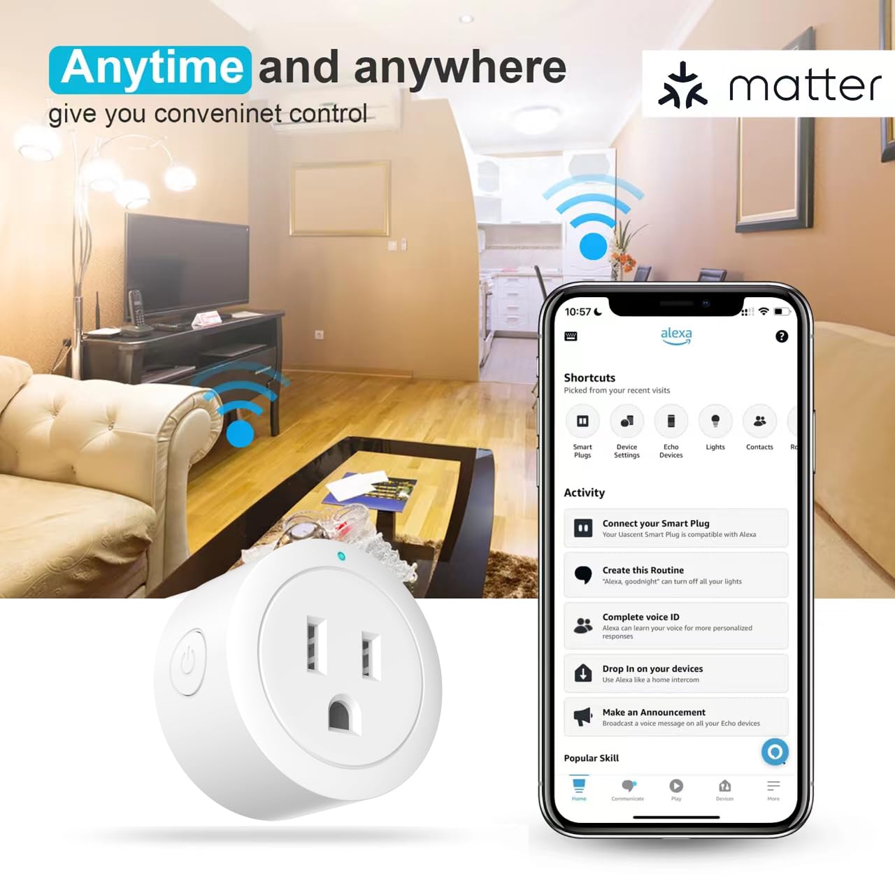 Amysen Matter Smart Plug, 4Pack (WHITE), Compatible with Alexa, Apple Home, Siri, Google Home, SmartThings, 10A/1250W Max, 2.4G Wi-Fi Only