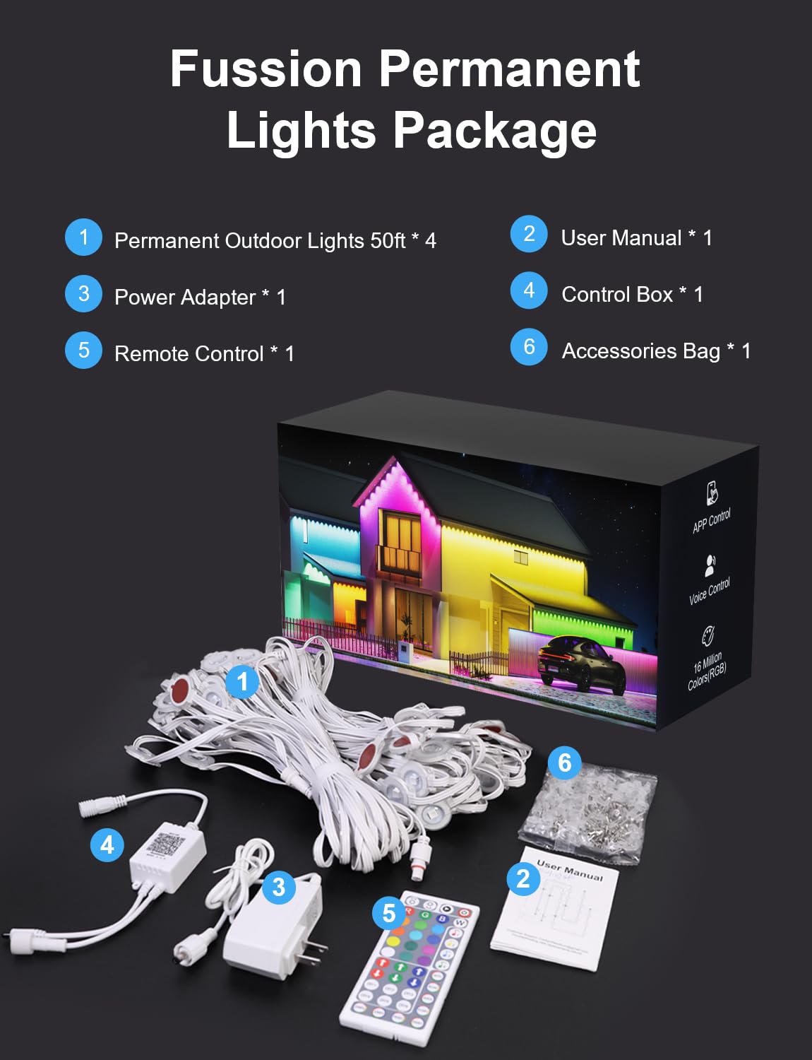 Fussion 200ft Permanent Outdoor Lights for House, 2025 Smart RGB LED Outside Lights with Remote Control, IP67 Waterproof Eternity Eaves Lighting for Christmas, Halloween, Holiday, Party, Daily