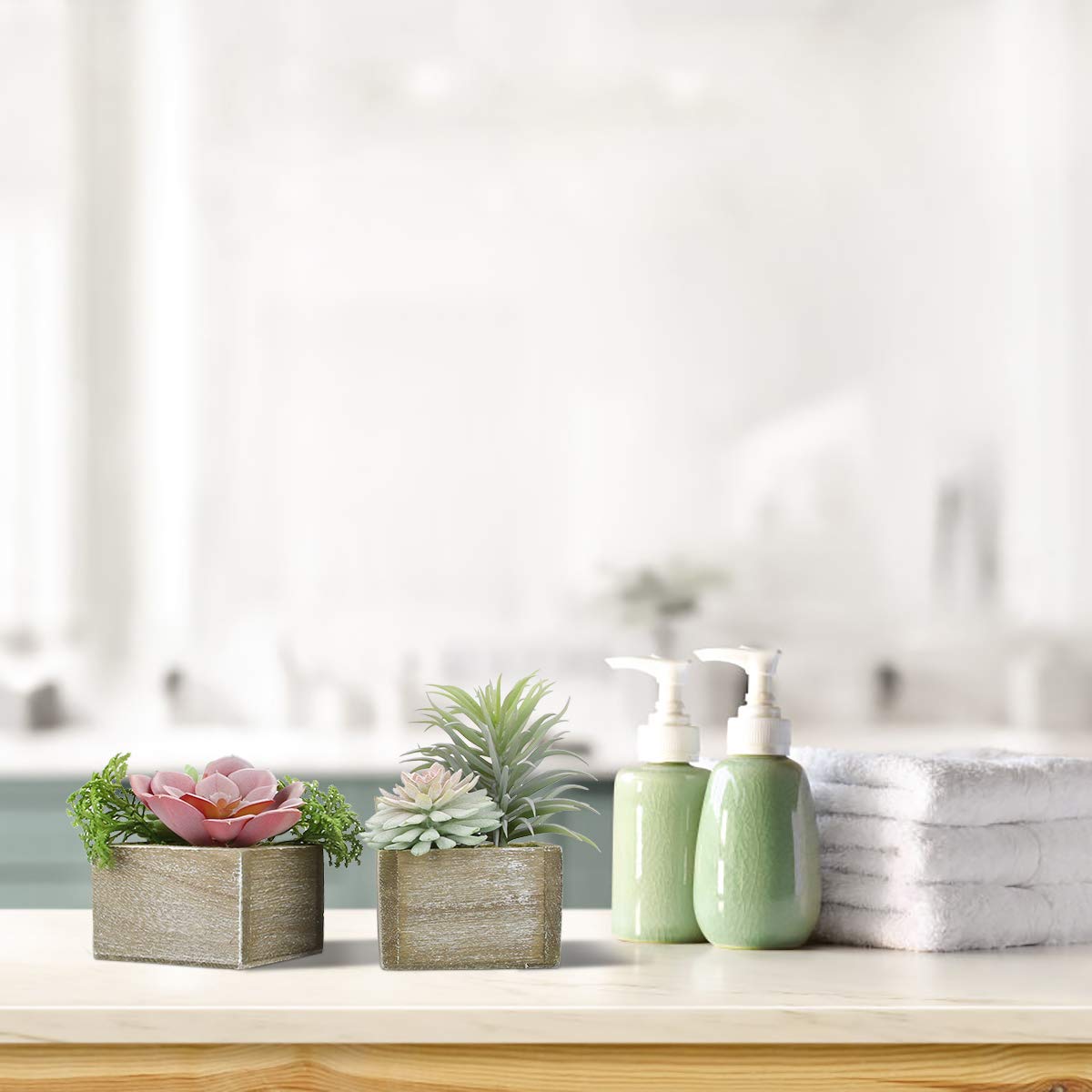 Mingfuxin Succulents Plants Artificial, Mini Assorted Green Fake Plants in Pots, Small Artificial Succulent Plant with Wood Potted for Bathroom Home Office Living Room Table Decor Indoor, Set of 3