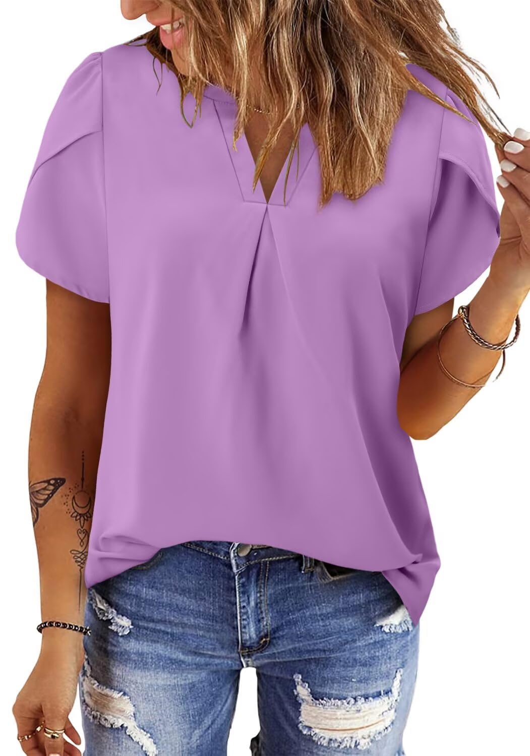 Magritta Women Elegant Purple Tops 2025 Summer Trendy Versatile Puff Sleeve Tshirt V Neck Slim Luxury Light Weight Skin-Friendly Comfy Blouses XXL