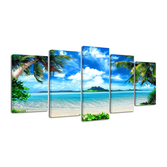 Pyradecor Modern 5 Panels Blue Sea Beach Pictures Paintings on Canvas Wall Art Stretched Contemporary Landscape Ocean Canvas Prints Artwork for Bedroom Home Decorations