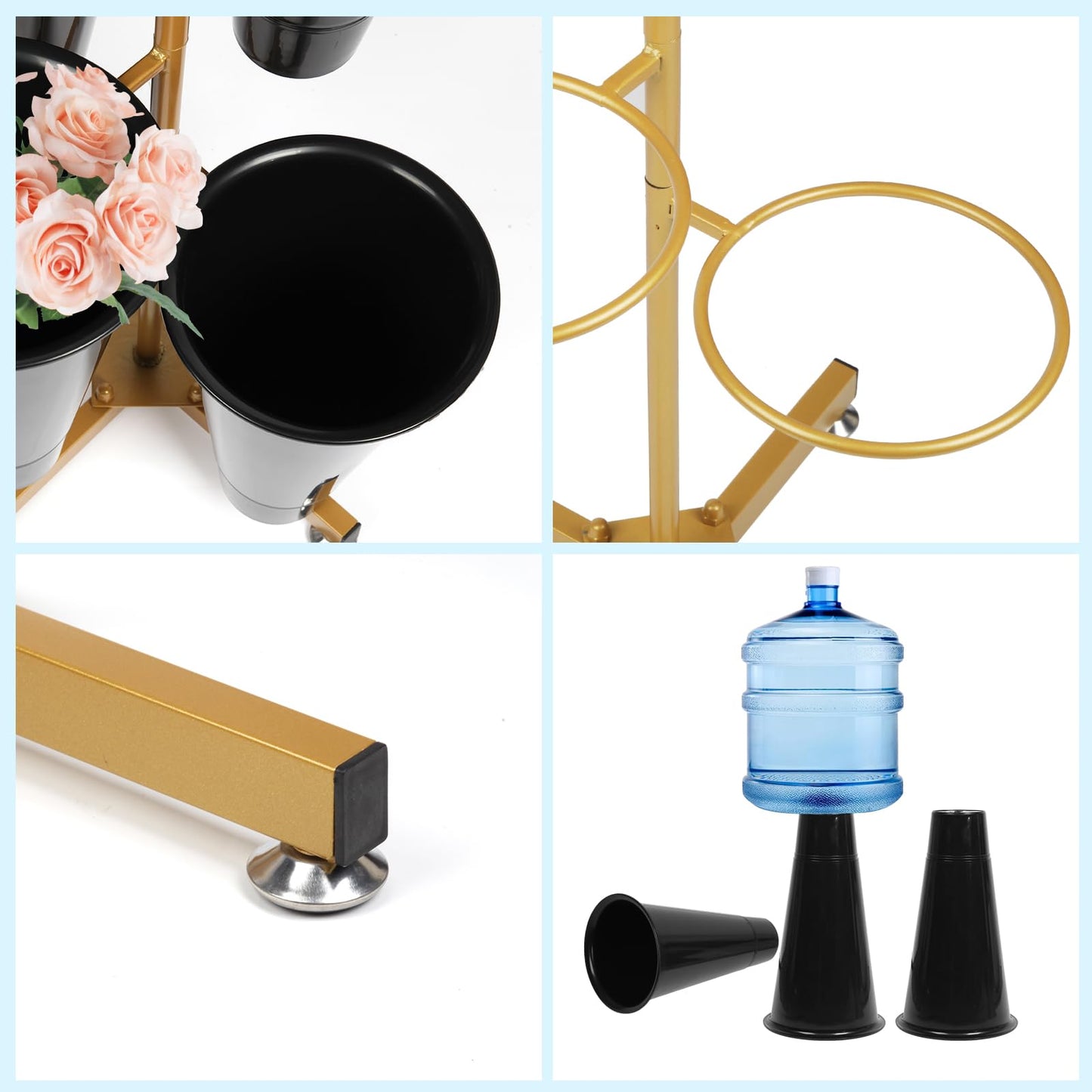 Flower Display Stand with 4 Bucket,Floral Stand with Foldable Frame for Silk Fresh Flowers,4 Tier Florist Shelf Plant Cart for flower shop Garden Living Room,Easy to Install (Gold Shelf+ Black Bucket)