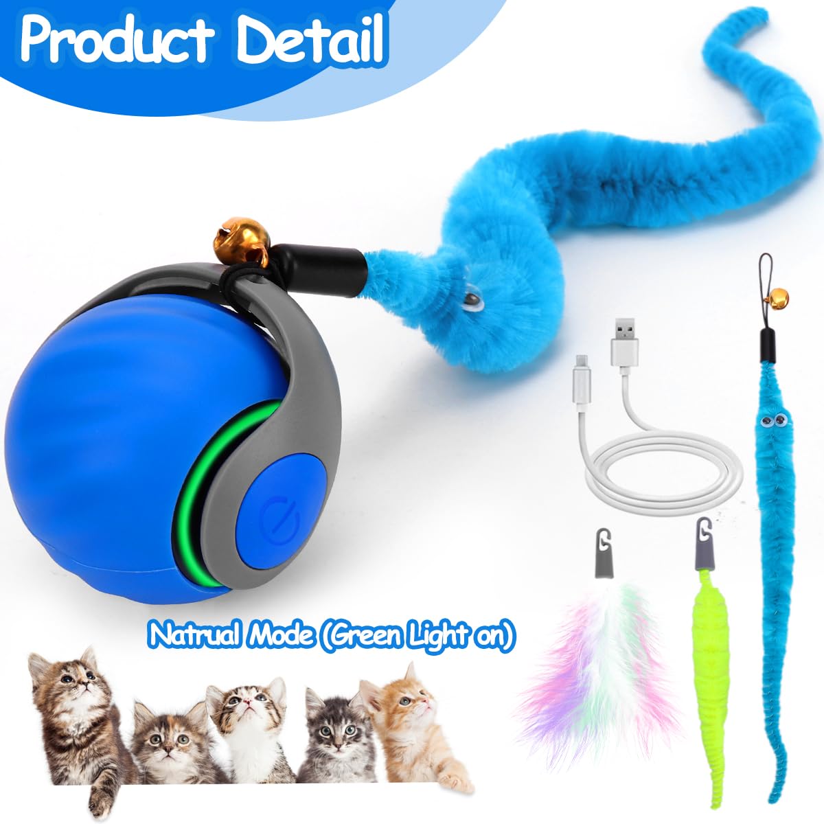 Interactive Cat Toy Ball - Speedy Cat Toys for Indoor Cats with Feather Tails for Chasing, Moving Stimulation Smart Cat Toy for Enrichment, Motion Activated Automatic Rolling Toys to Keep Them Busy