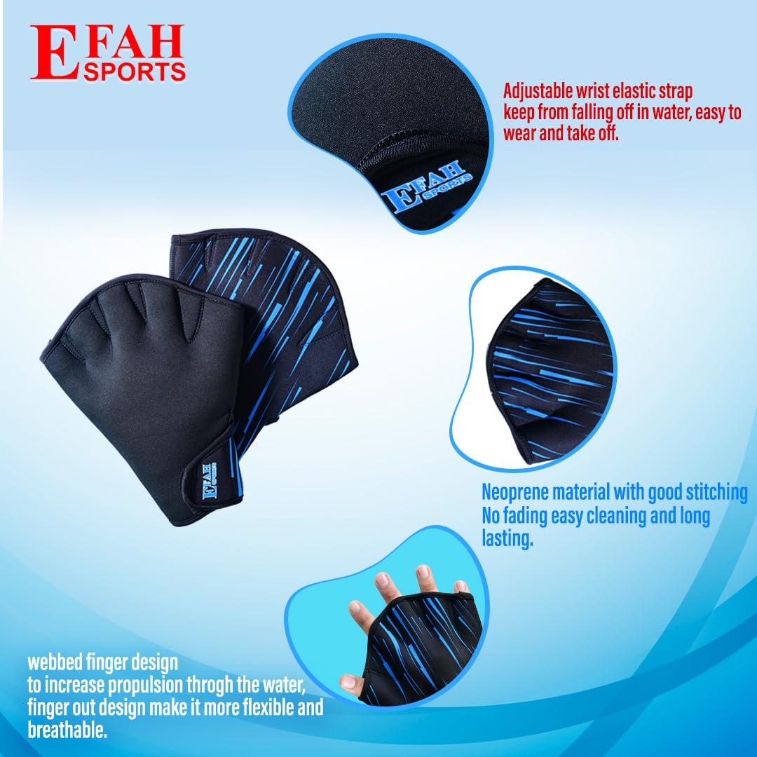 EFAH SPORTS Swimming Gloves Aquatic Swim Training Glove Neoprene Webbed Fitness and Water Aerobics Resistance Gloves for Men Women Children (Blue X-Small)