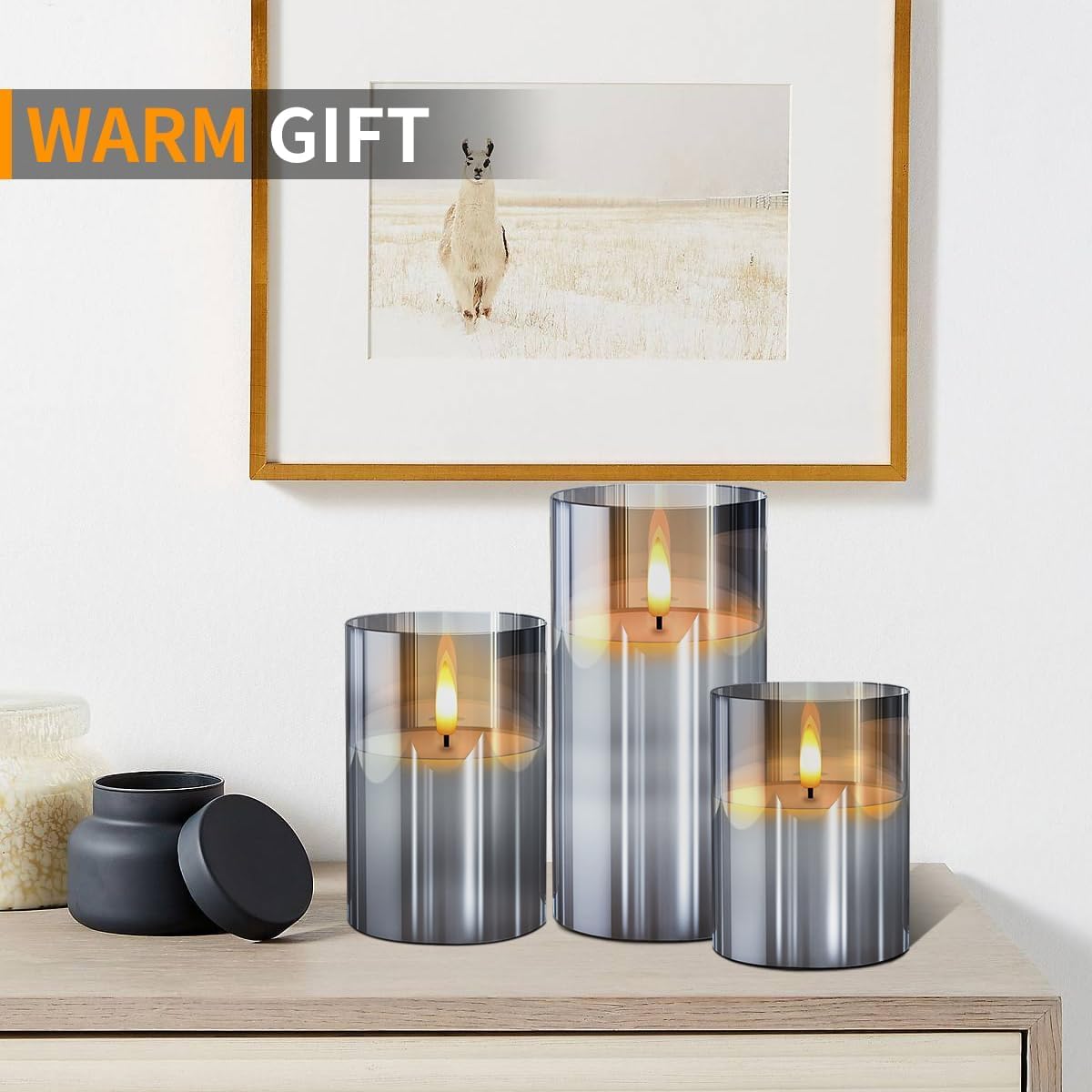Gray Glass Flameless Candles Flickering with Remote, Timer, Battery Operated Moving Wick Realistic Warm Light Real Wax LED Candles for Party, Wedding, Festival Tabletop Decoration - Set of 3