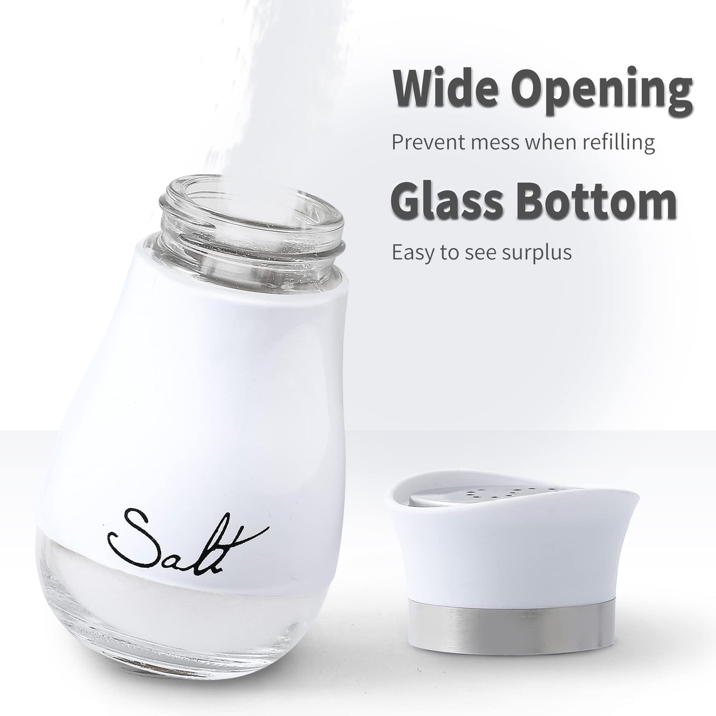 Lonffery Salt and Pepper Shakers Set - Salt Containers for Gifts, Kitchen Decor, Home, RV, Camp, BBQ, 4 oz Farmhouse Spice Dispenser with Glass Bottom, White, Set of 2