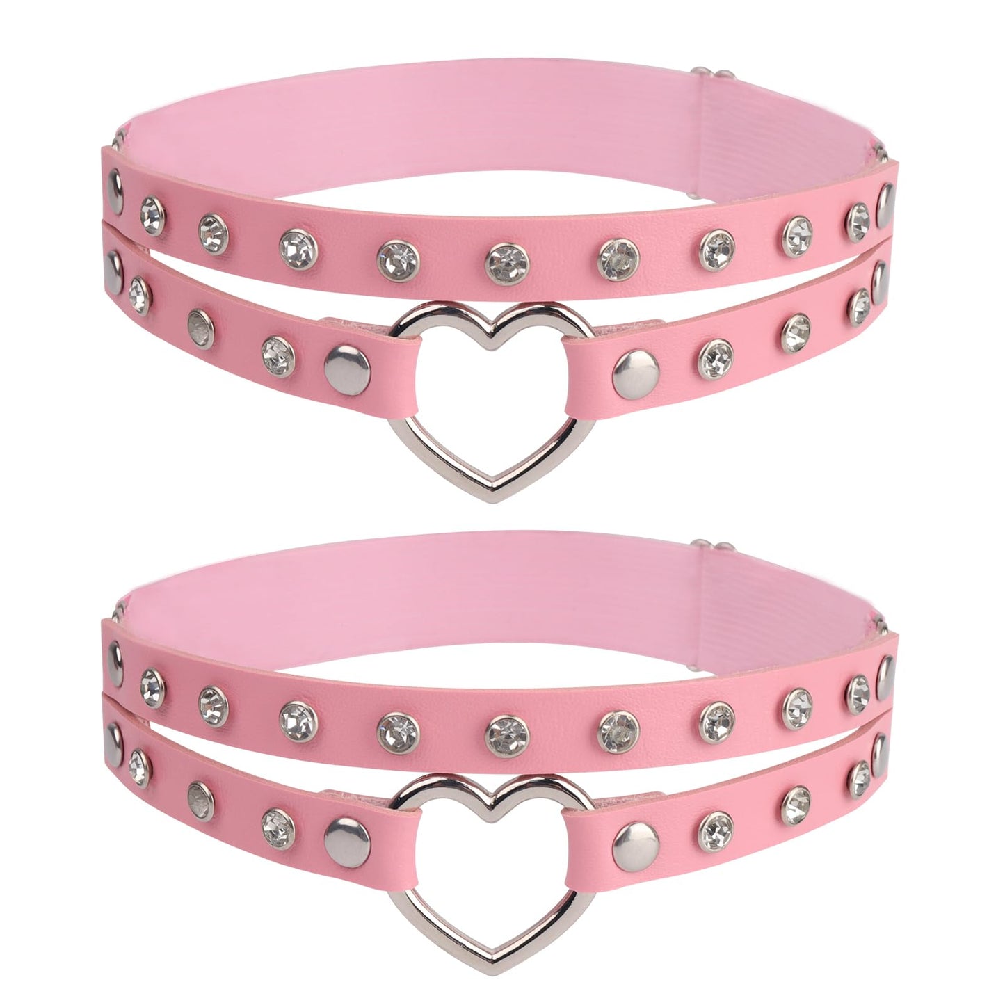 Adjustable PU Leather Women's Gothic Double Straps Heart O Ring Leg Thigh Elastic Garter Belt with Rhinestone, One Pair