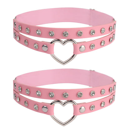 Adjustable PU Leather Women's Gothic Double Straps Heart O Ring Leg Thigh Elastic Garter Belt with Rhinestone, One Pair