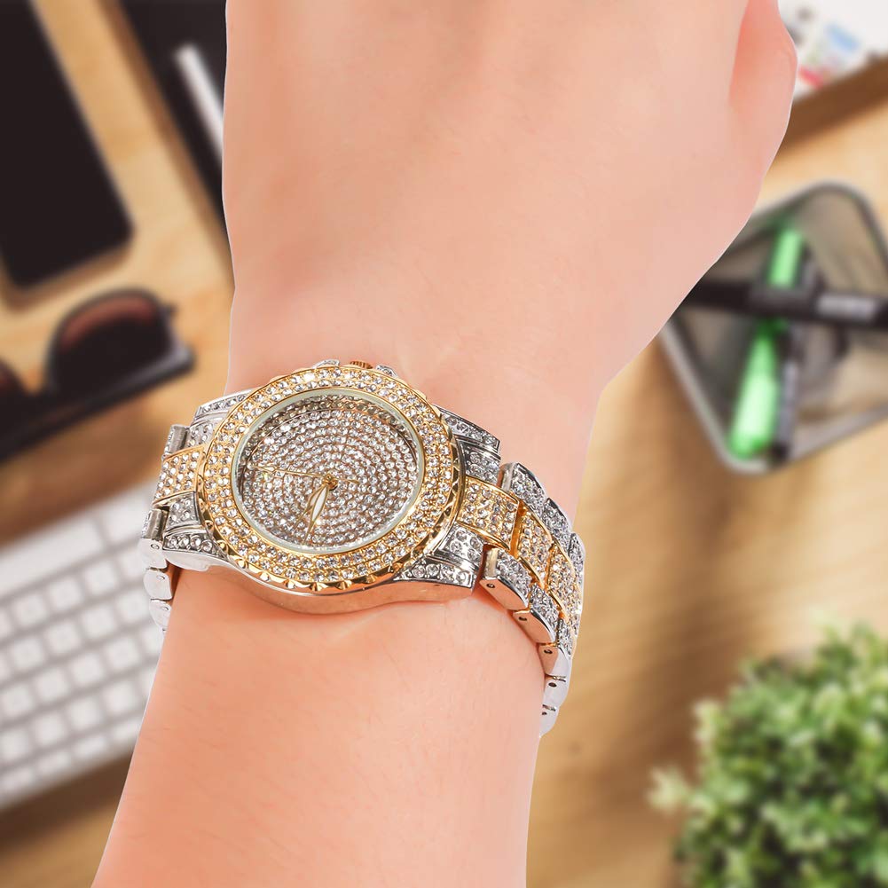 Smalody Round Luxury Women Watch Crystal Rhinestone Diamond Watches Stainless Steel Wristwatch Iced Out Watch with Japan Quartz Movement for Women | Simulated Lab Diamonds (Mix Gold)