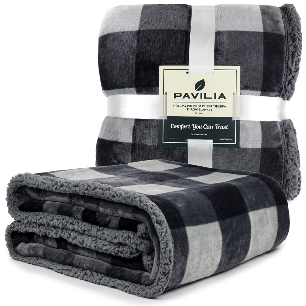 Pavilia Winter Cabin Sherpa Blanket Throw | Flannel Fleece Christmas Plaid Blanket | Plush, Soft, Warm, Cozy, Reversible Microfiber Throw 50x60 (Grey)