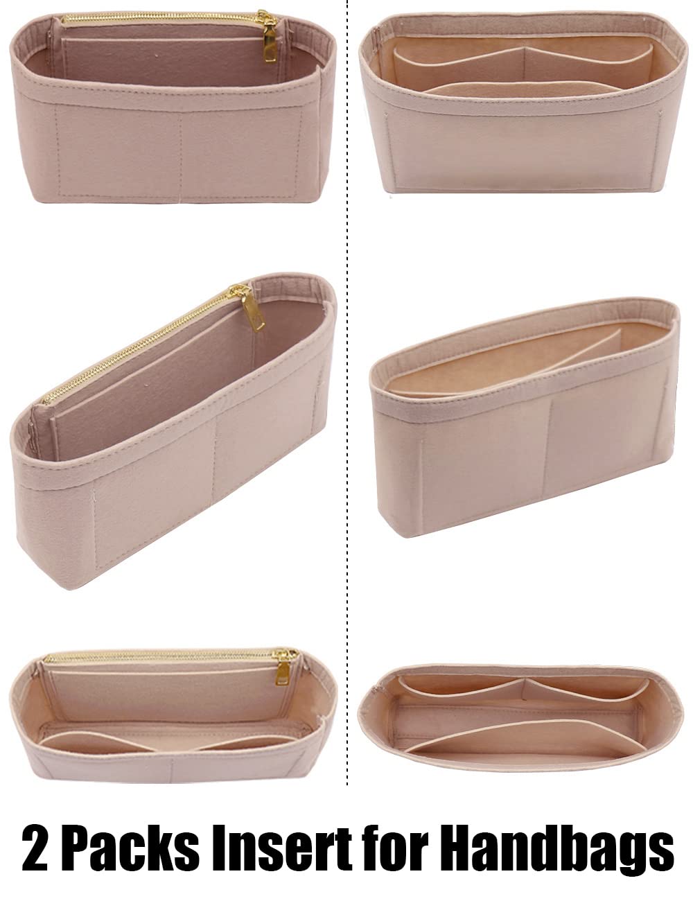 LEXSION Felt Insert Purse Organizer with Zipper,Small Handbag Tote Shaper Insert for GG Marmont Matelasse Shoulder Bag(Pack of 2)-Small 8030 Beige