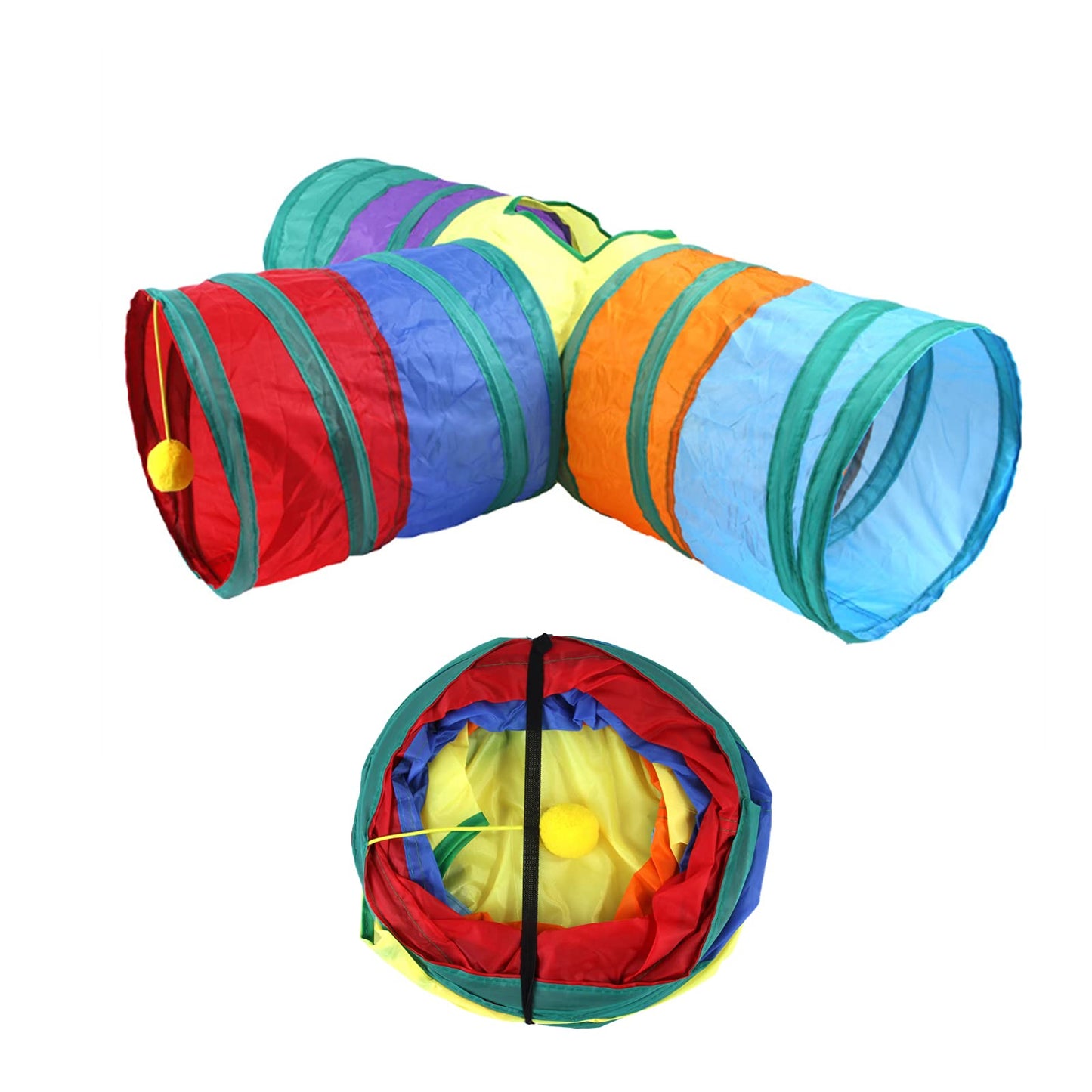 32Pcs Cat Toys Kitten Interactive Pet Toys Assortments, Foldable Rainbow Tunnel, Teaser Wand Fluffy Mouse Crinkle Balls Bell Play for Puppy Kitty (3 way)