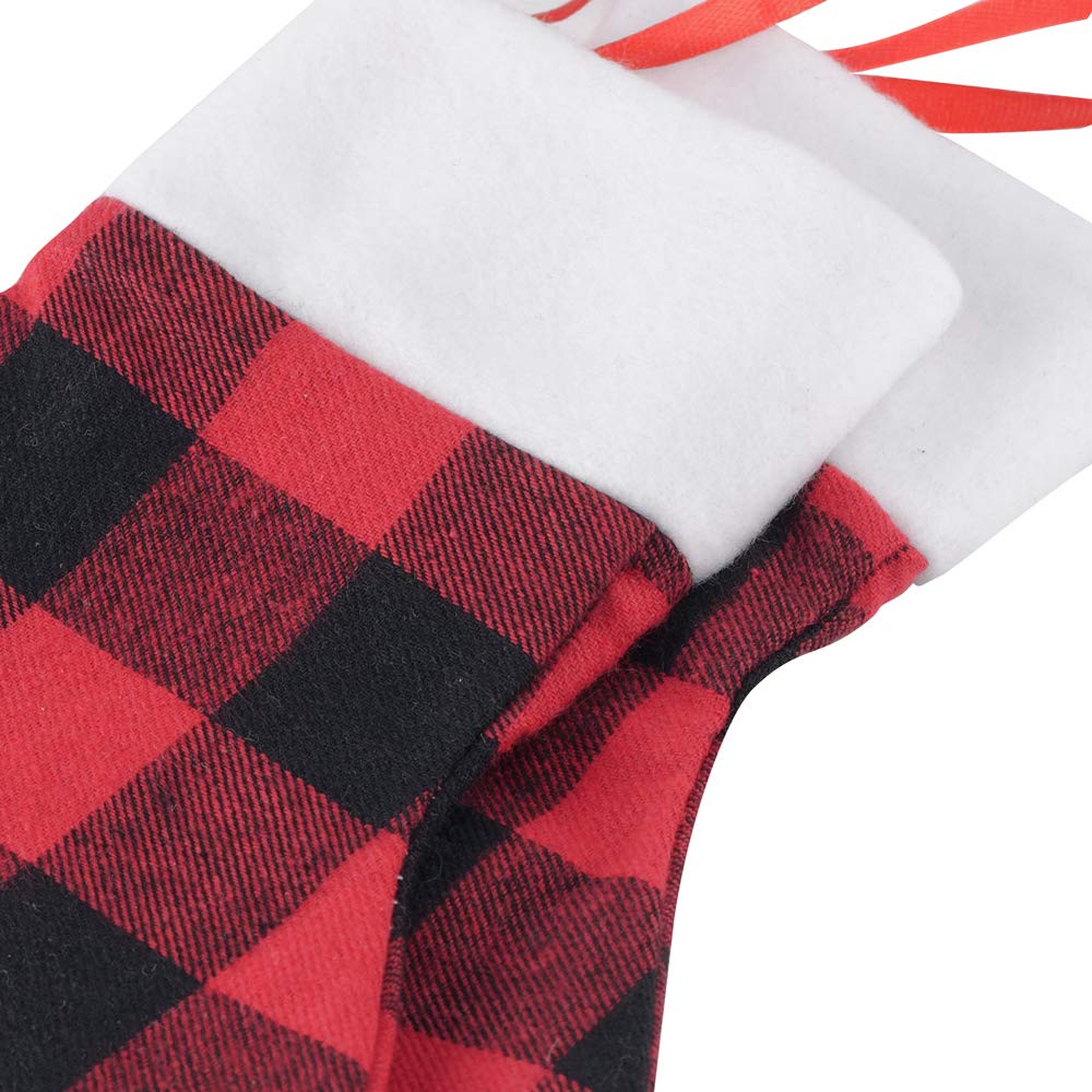 QBSM 24 Pack Mini Christmas Stockings, 7 inches Buffalo Plaid with Plush Cuff Small Stockings, Xmas Classic Black Red Plaid Stockings Decorations for Whole Family