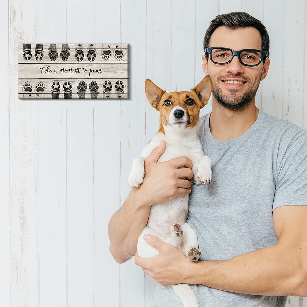 ARTINME Dog Lover Sign Wall Decor,Take A Moment to Paws Sign Pet Paw Print Artwork Footprints Canvas Wall Art,Framed Animal Prints Puppy Gifts for Front Door Home Decoration (Black)