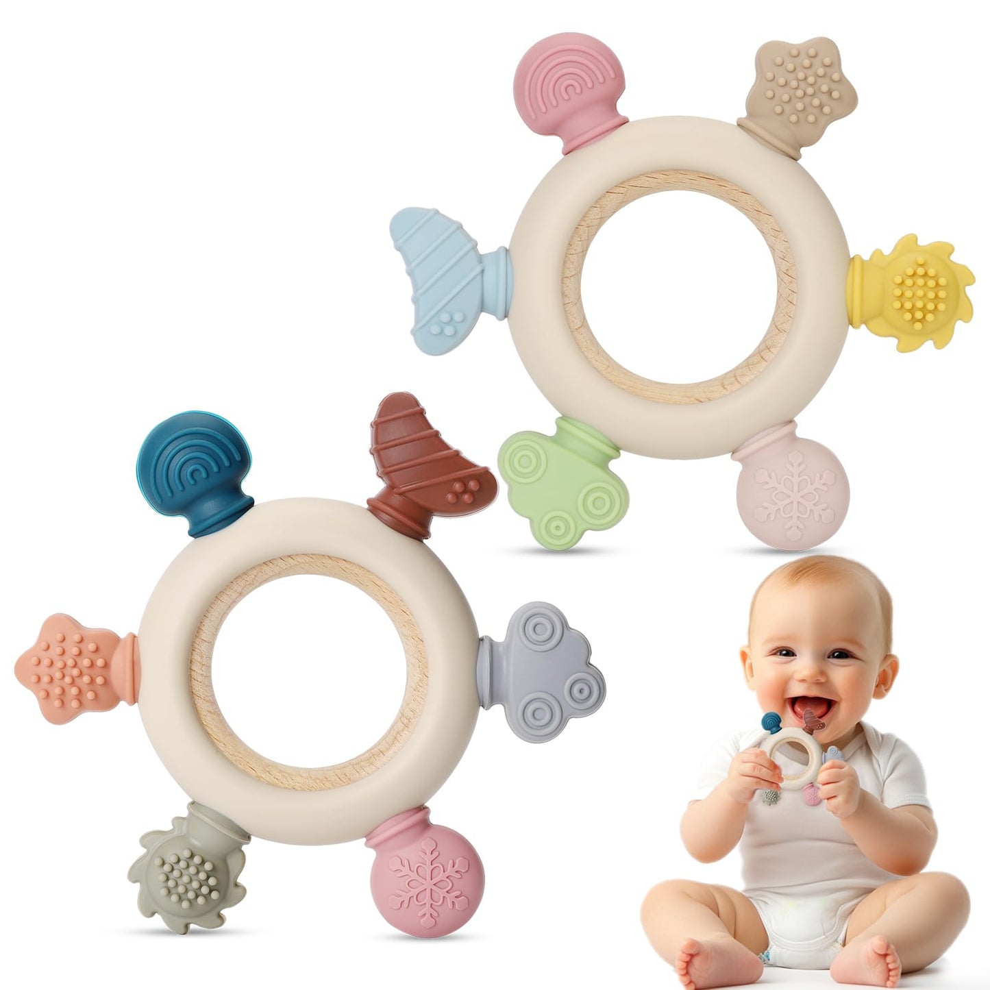 AULEGE 2 Packs Baby Teething Toy for Babies 0-3-6-12,18 Months, BPA Free Silicone & Natural Beech Baby Teething Ring for Teething Relief, Wooden Ring Toy for Newborn Boys, Girls
