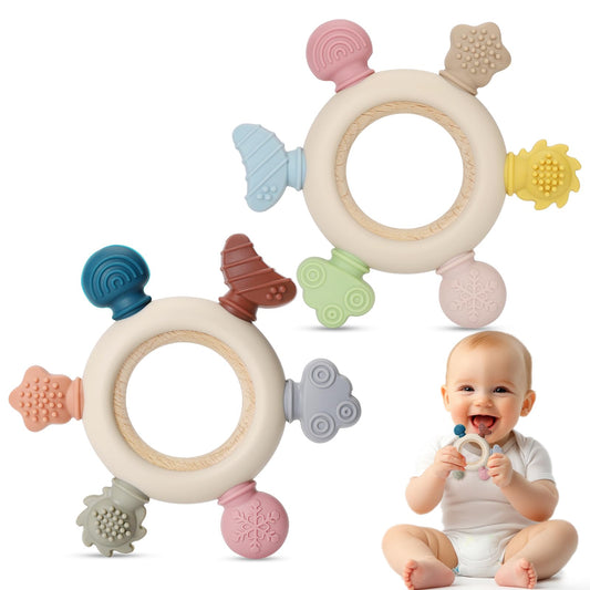 AULEGE 2 Packs Baby Teething Toy for Babies 0-3-6-12,18 Months, BPA Free Silicone & Natural Beech Baby Teething Ring for Teething Relief, Wooden Ring Toy for Newborn Boys, Girls