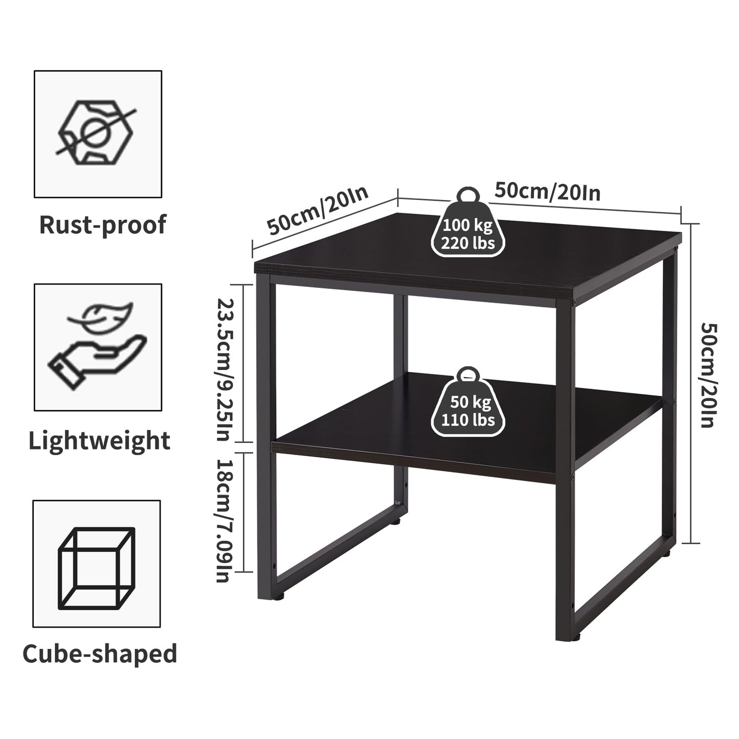 Aibiju Adjustable Storage Shelf 20 inch, Square Tea Table, Dorm Fridge Stand, Large Printer Stand for Office Black YD-TM153B
