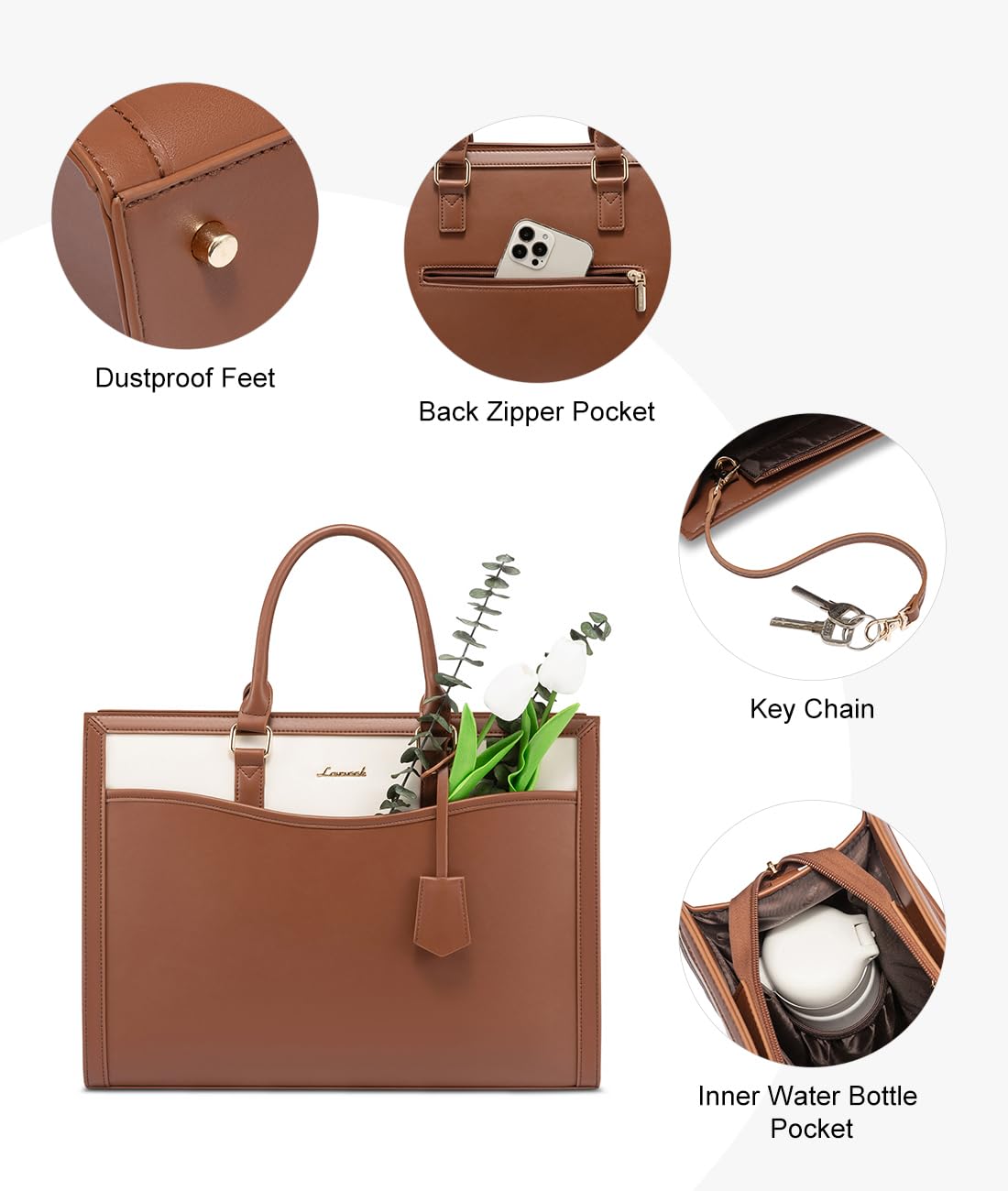 LOVEVOOK Laptop Tote Bag for Women, Leather Office Work Bag Briefcase fit for 15.6 inch Laptop, Large Teacher Computer Bag Handbag,2pcs Set Leather/Brown-White