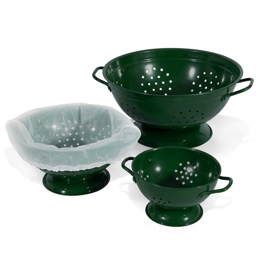 Metal Colander Set of 3, Strainer Basket with Handles perfect for Spaghetti, Pasta, Berry, Vegetable, Fruit, Solid Base Powder Coated Kitchen Essential Strainer Set, 1 & 3.5 & 5 Qt (Dark Green)