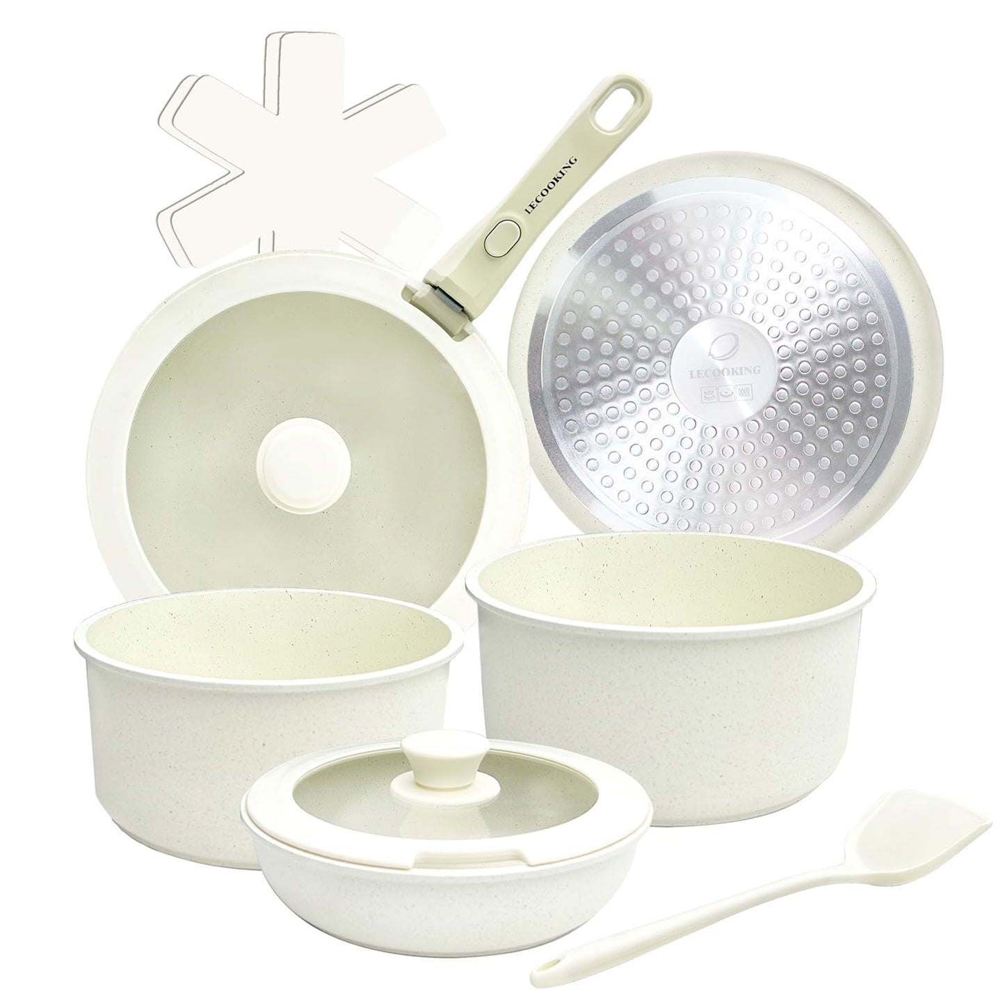 LECOOKING 11 PCS Pots and Pans Set, Cookware set with removable Handles, Dishwasher and oven Safe, Detachable Cooking Set, Induction and Gas Stove kitch set, White