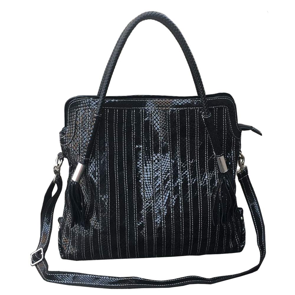 Women’s Multicolor Boston Bag Genuine Leather Colorful Large Tote Handbag Purse (Black-Middle size)