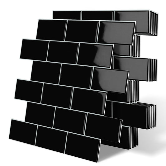 Tiwoos Thick Black Peel and Stick Subway Tile Backsplash Self Adhesive for Kitchen Bathroom Wall (10-Sheet, 12"×12")