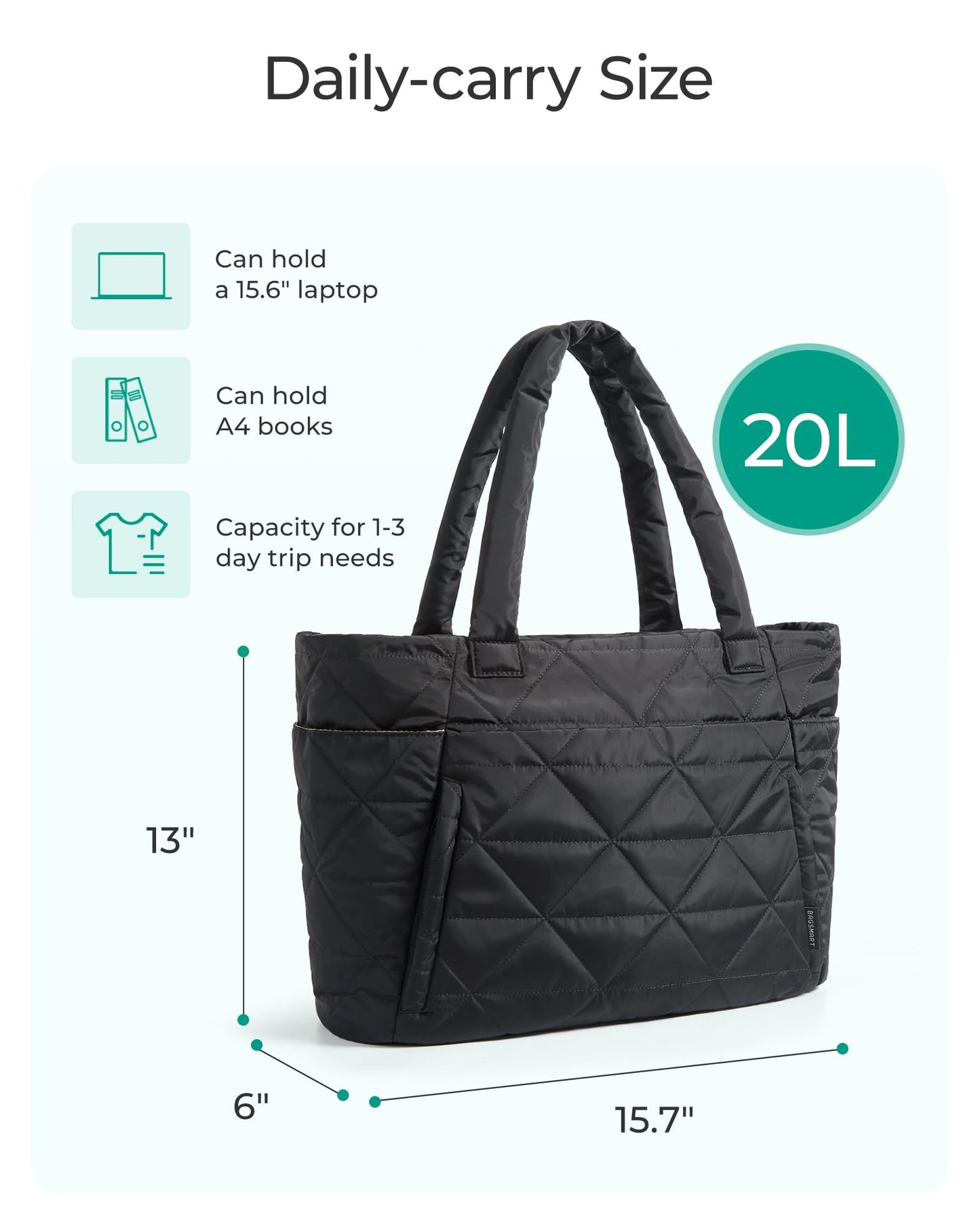 BAGSMART Tote Bag for Women, Puffy Tote Bag with Zipper, Large Quilted Shoulder Bag with Compartments for Travel, Work, Gym (Black)