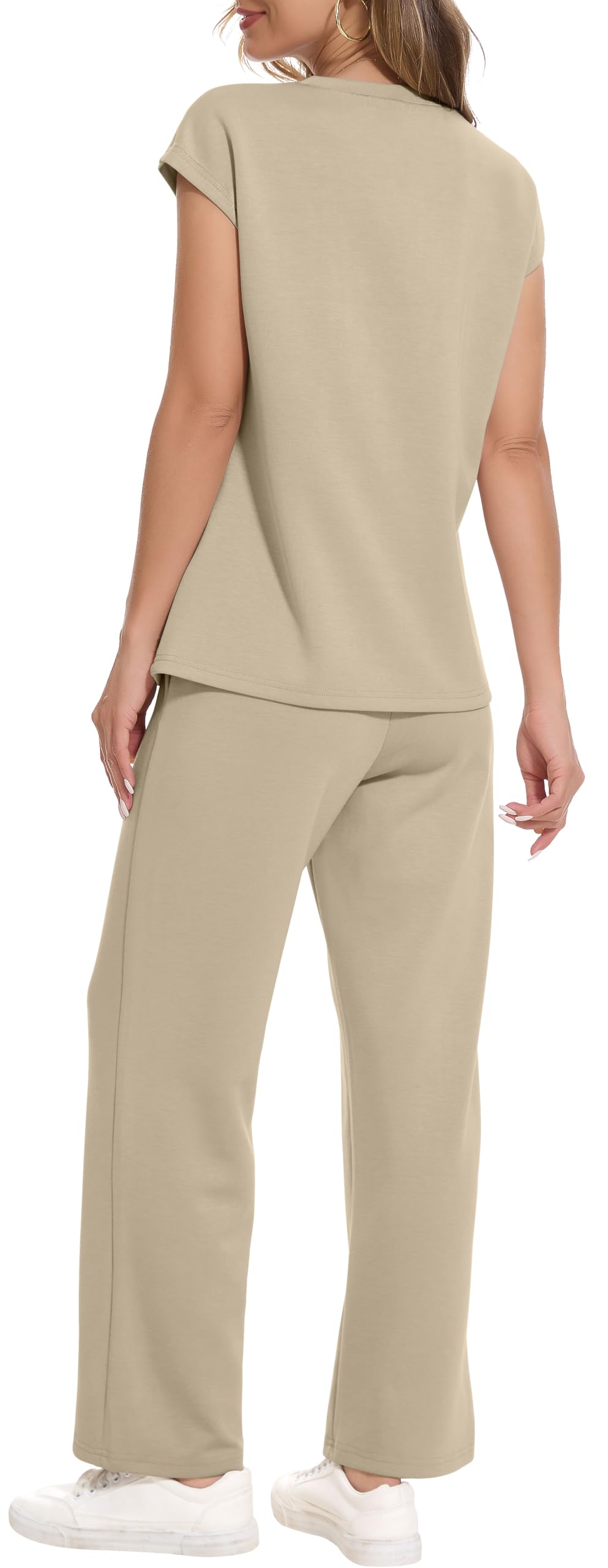 RUBZOOF Lounge Sets for Women 2 Piece Casual Summer Outfits Vacation Traval Clothes Loose Fit Cap Sleeve Tops Matching Pants Set Athletic Workout Sweat Suits Khaki M