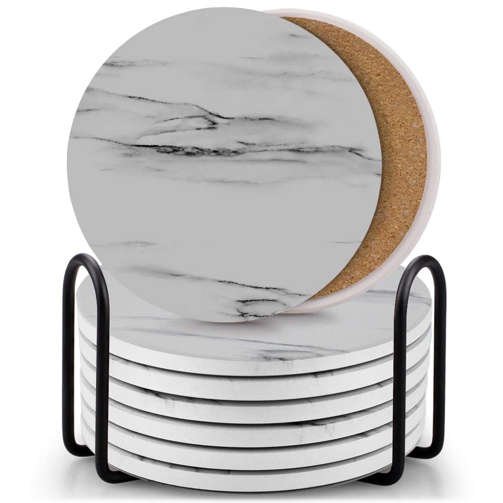 EAGMAK Set of 8 Coasters for Drinks, Absorbent Marble Style Ceramic Drink Coaster with Holder for Coffee Wooden Table Home Decor (White)