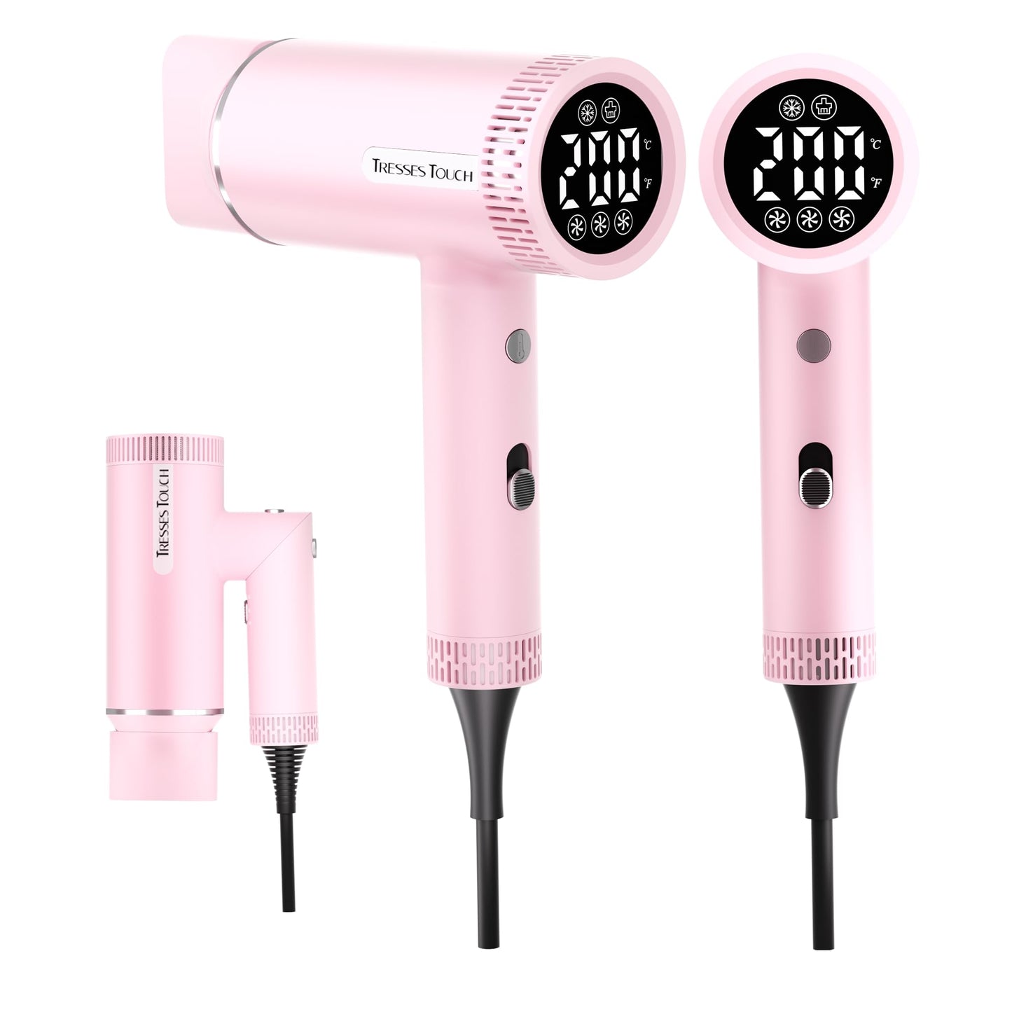 Foldable Hair Dryer, 1600W Professional Ionic Hair Blow Dryer with Nozzle for Women & Men, 3 Temps/3 Speeds, 6.56 Ft Cord, LCD Display, Best for Straight & Wavy Hair, for Home Travel, Pink