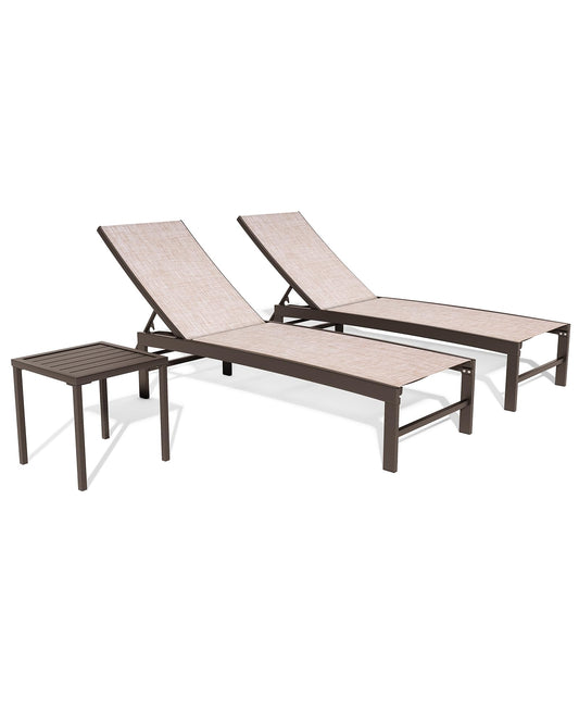 Crestlive Products 2PCS Chaise Lounge Chairs Outdoor with 1PC Side Table, Aluminum Patio Lounge Set, Adjustable Five-Position Recliner for Beach, Pool, Sunbathing, Lawn, Yard