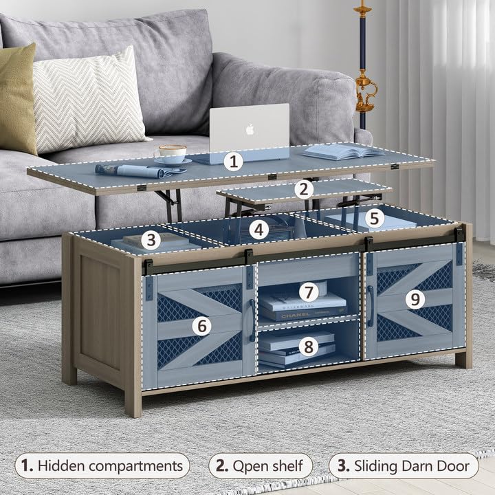47.2" Lift Top Coffee Table, 4 in 1 Farmhouse Coffee Table with Storage and Sliding Barn Doors, Coffee Tables for Living Room, Dining Room (Grey)