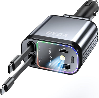 4 in 1 Retractable USB C Car Charger,69W with Starry Light,Fast Charging for iPhone 16/15/14/13/12,iPad,Android,Galaxy,Pixel,Cigarette Lighter Adapter (Lightning+USB-C)