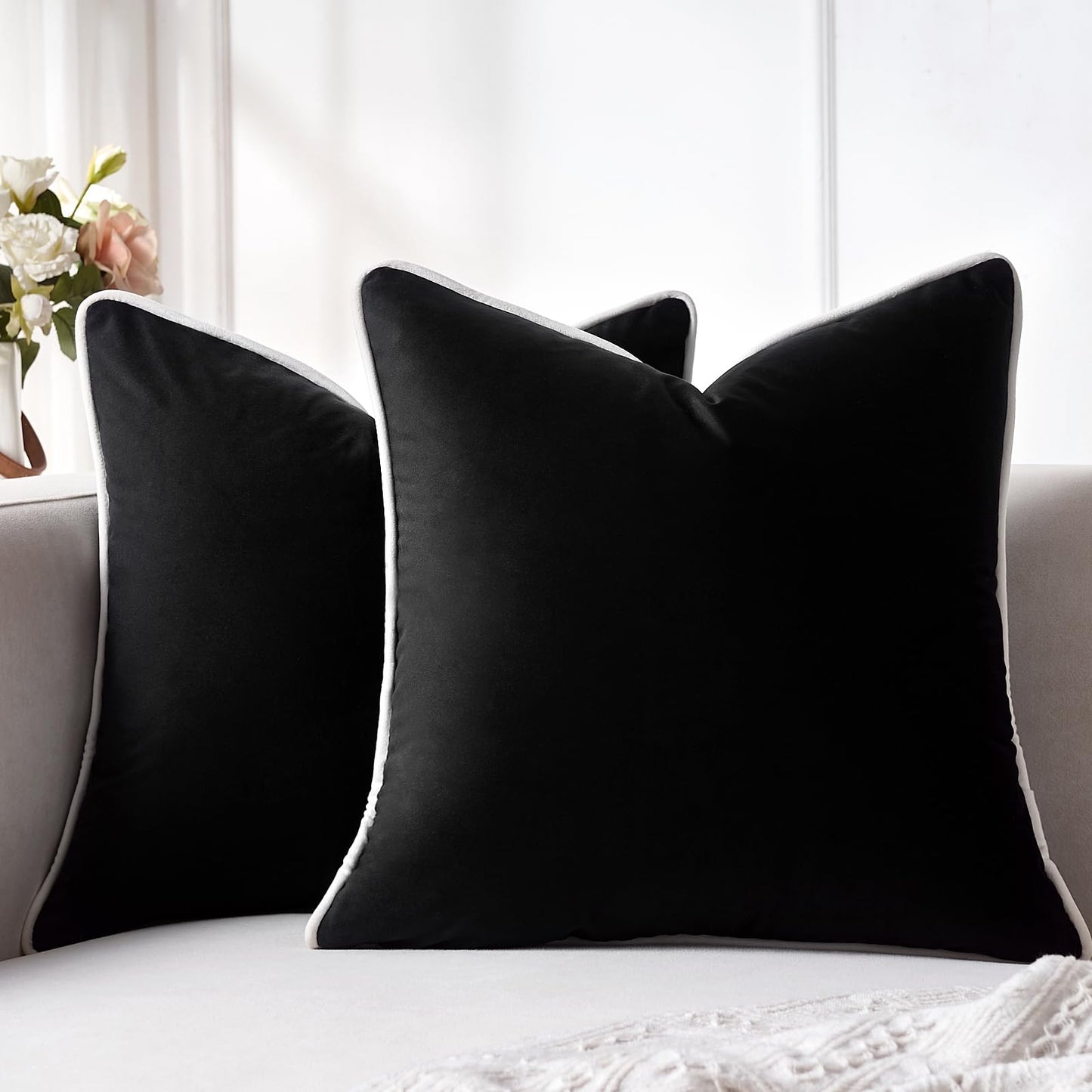 EliteBond Black Throw Pillow Covers 18x18 Decorative Velvet Couch Pillow Covers for Modern Home Decor Cushion Cases Set of 2 Pillowcases Decorations for Living Room Couch Sofa Bed Bedroom Patio