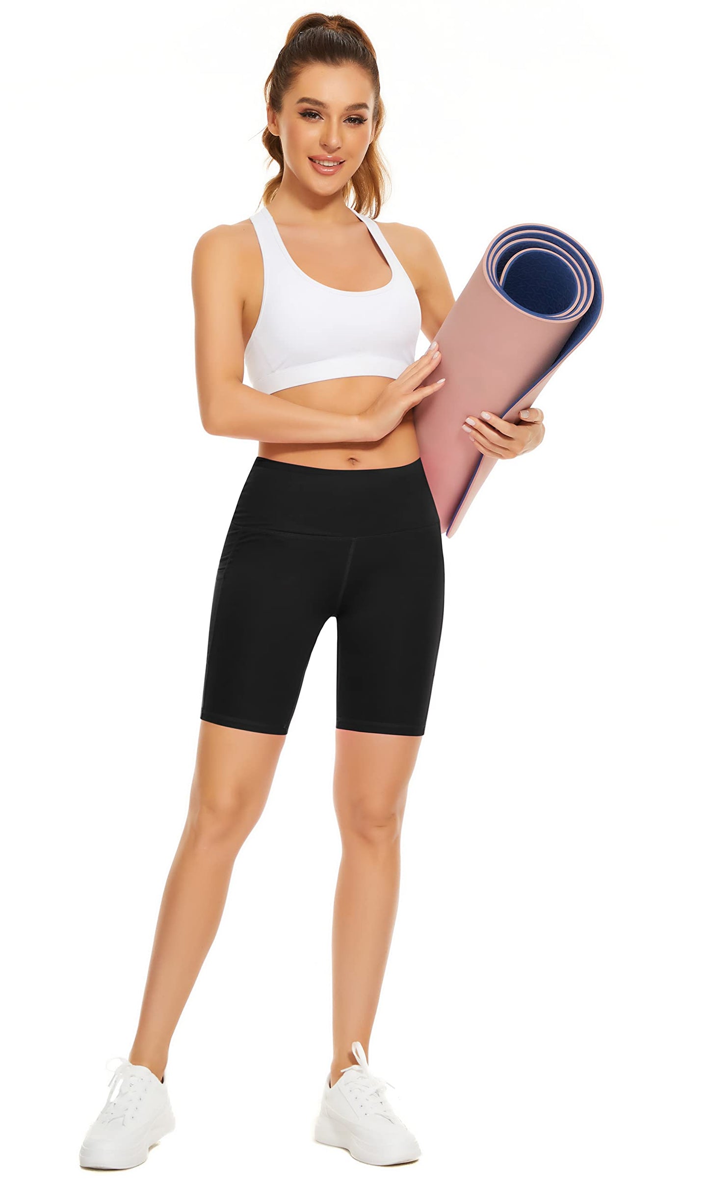 Custer's Night Biker Shorts Women High Waist Out Pocket Yoga Short Tummy Control Workout Running 4 Way Stretch Yoga Leggings Black L