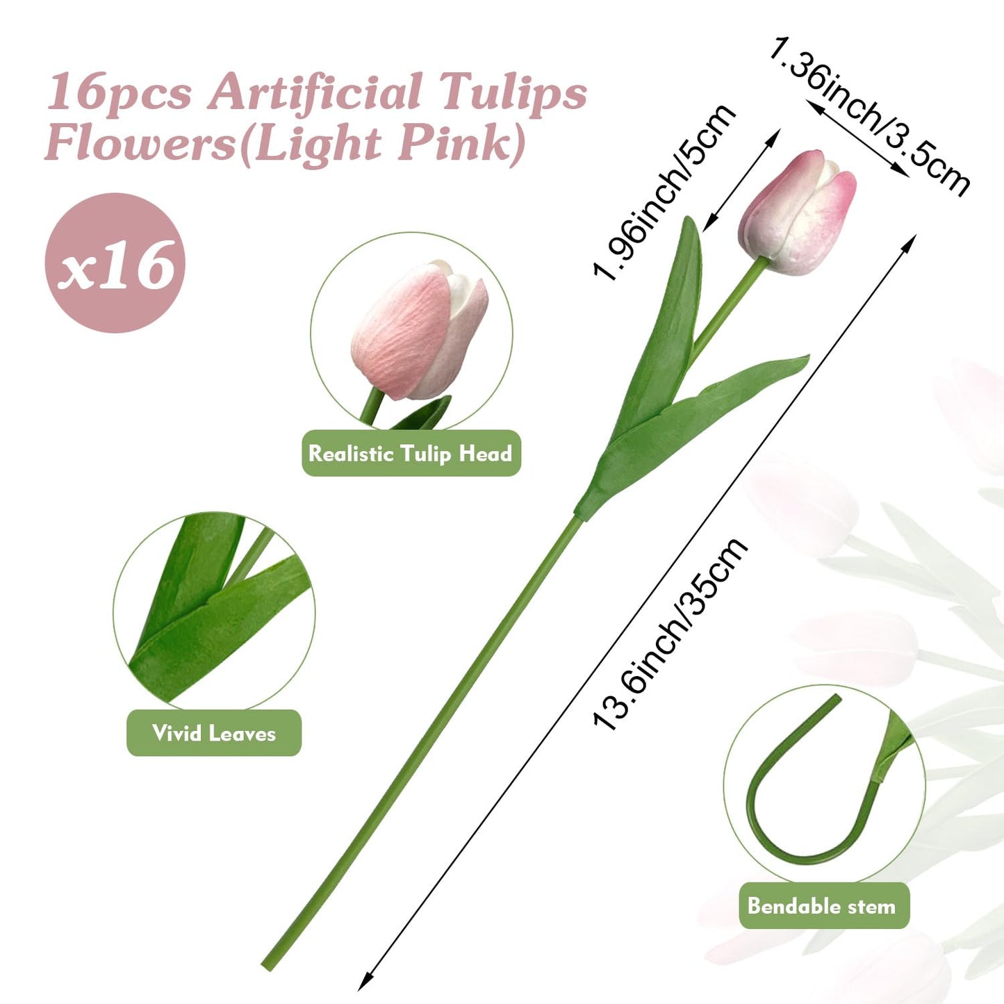 Carfoeny 16pcs Tulips Artificial Flowers Faux Tulip Bulbs Real Touch Bouquet Fake Pink Silk Tulips Floral Arrangement for Wedding Mothers Day Halloween Home Indoor Outdoors Tables Vase Planters Decor