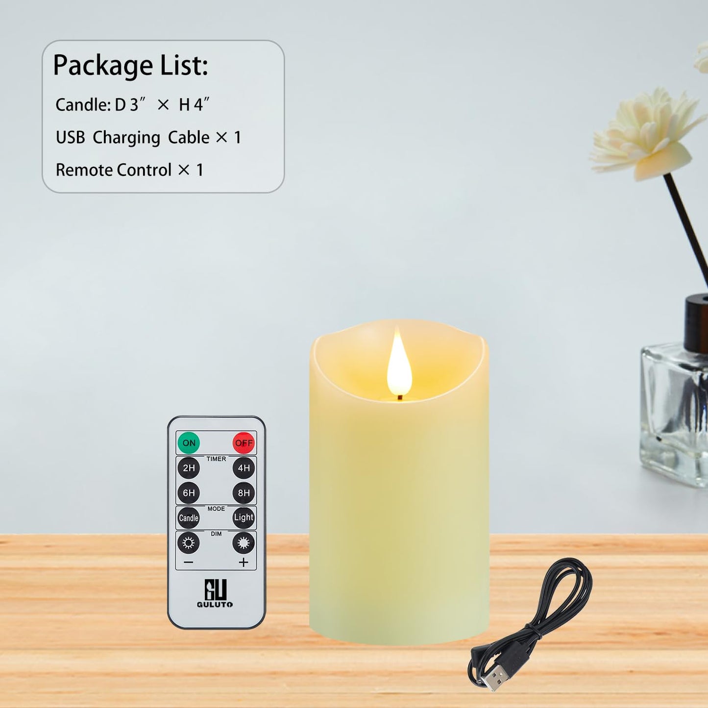 Guluto Flickering Flameless Candles with Rechargeable Battery, Electronic Candles with Remote and Timer, led Pillar Candles Real Wax Wick, led Candles for Home, Wedding, Halloween, Christmas 3" x 4"