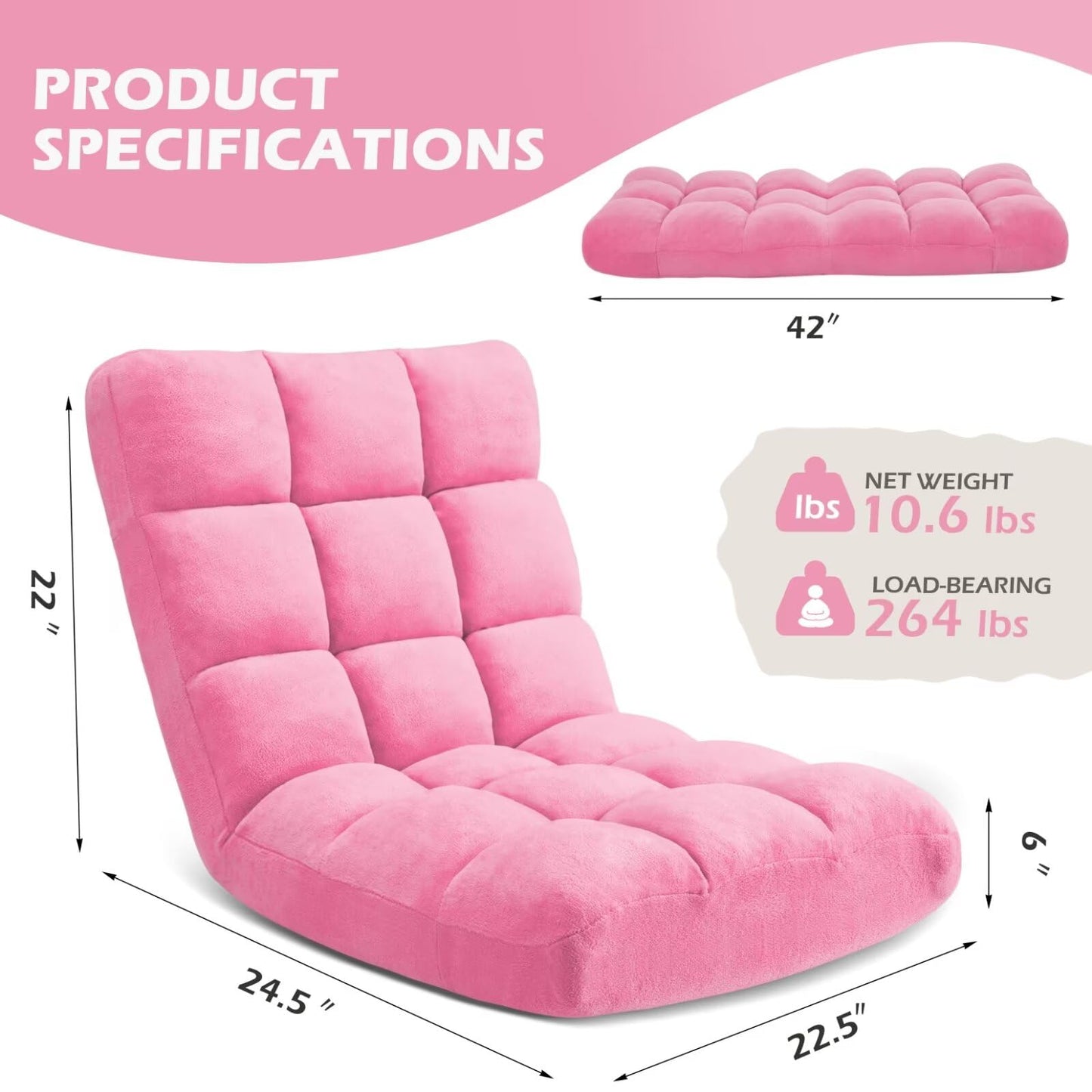 Avocahom Folding Floor Gaming Chair 14-Poistion Cushioned Adjustable Floor Lazy Sofa Chair w/Breathable Cotton & Skin-Friendly Coral Velve for Adults & Kids Perfect for Reading Gaming Meditating, Pink