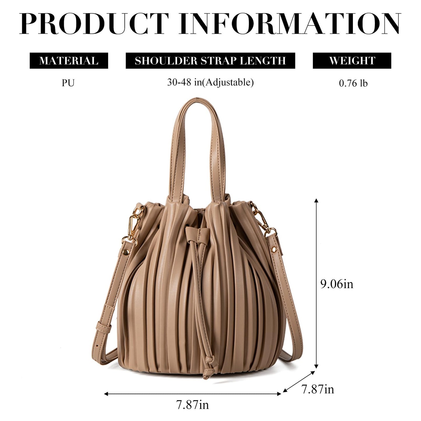 Extolove Mini Faux Leather Bucket Bags for Women Drawstring Crossbody Bucket Bag Purses Pleated Shoulder Handbags (Apricot)