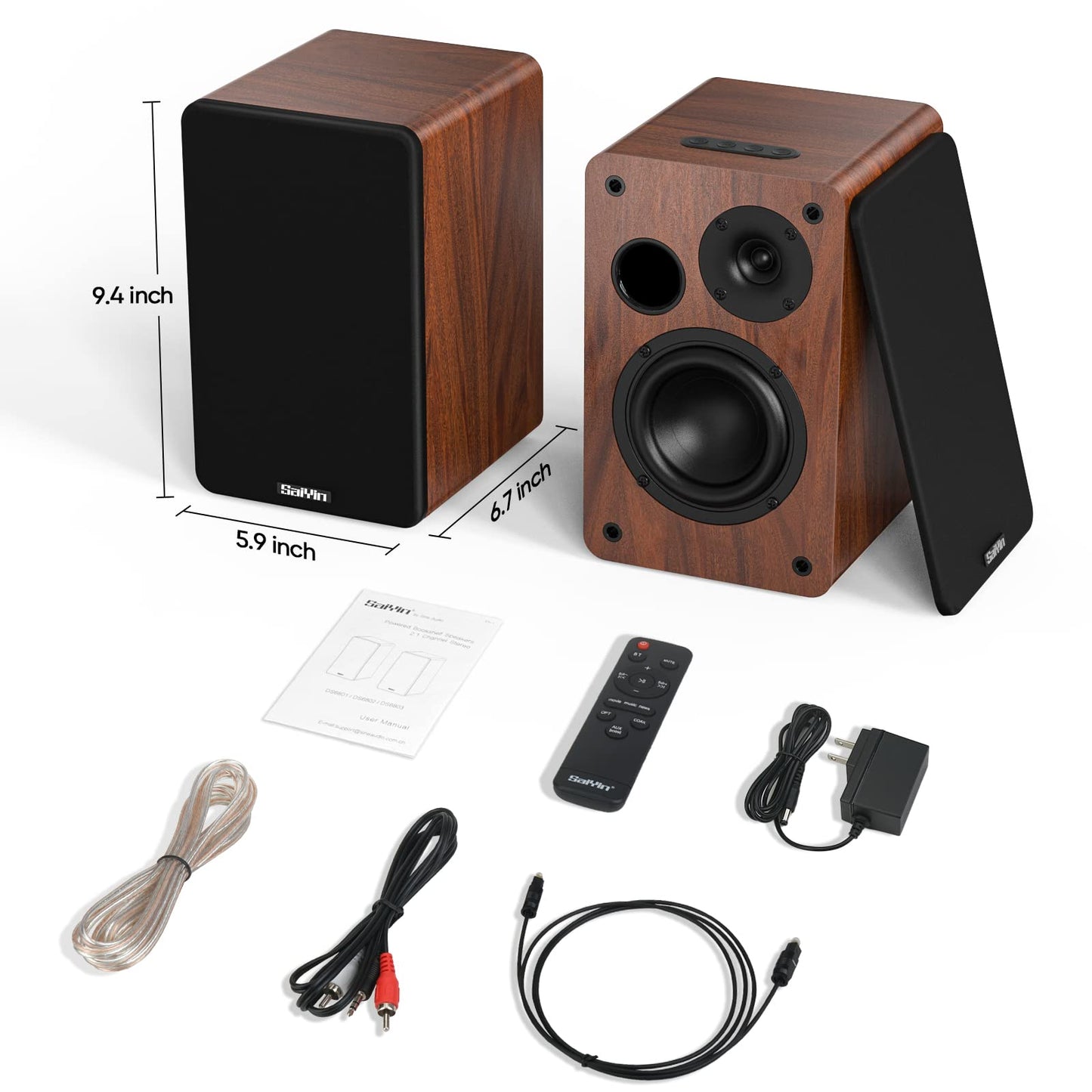 Saiyin Bluetooth Bookshelf Speakers, 40W X 2 Powered TV Speakers with 4 Inch Woofer, Turntable Speakers with Optical/AUX Input/Subwoofer Line Out for PC and TVs