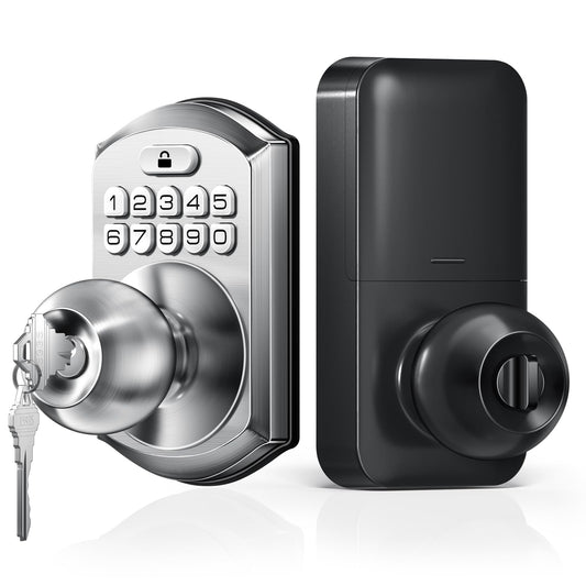 TEEHO Keyless Entry Keypad Door Lock with Handle, Electronic Digital Smart Locks for Front Door, Easy to Install Keypad Deadbolt with Code for Bedroom, Anti-Peeping Password - Nickel