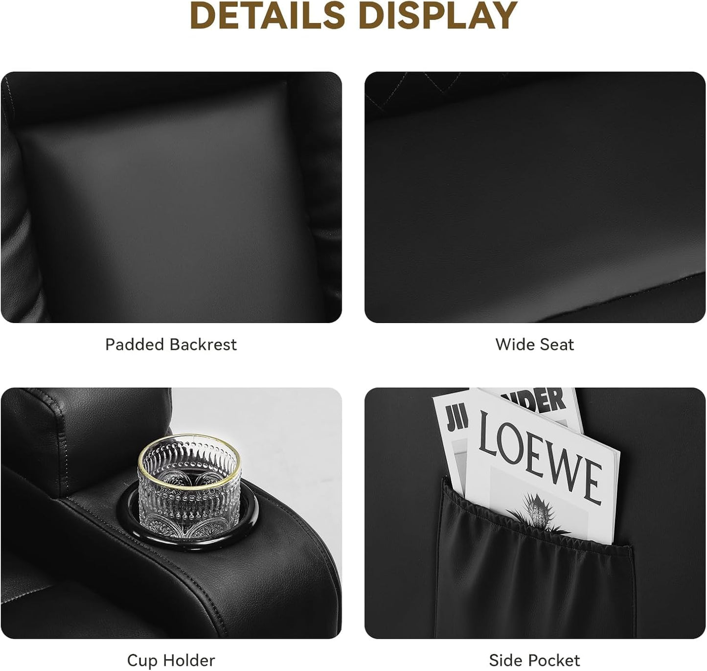 COMHOMA Recliner Chair, Swivel Rocker Recliners, Massage and Heat Reclining Chair, Reclining Sofa with Side Pockets, Cup Holders for Living Room, Bedroom (Black)