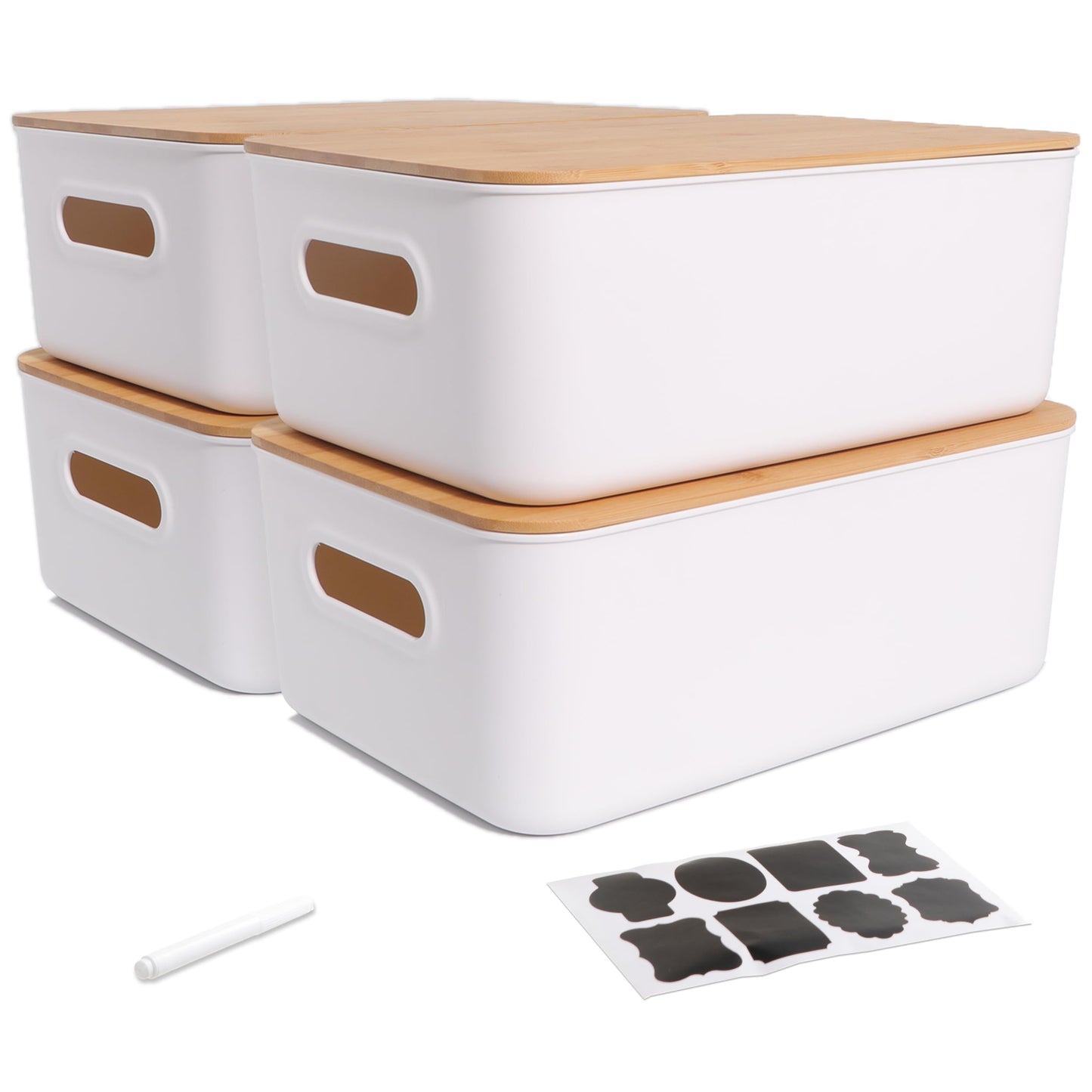Citylife 4 PCS Storage Bins with Bamboo Lids Plastic Storage Containers for Organizing Stackable Storage Box with Handle, 10.23 x 7.08 x 6.3 inch
