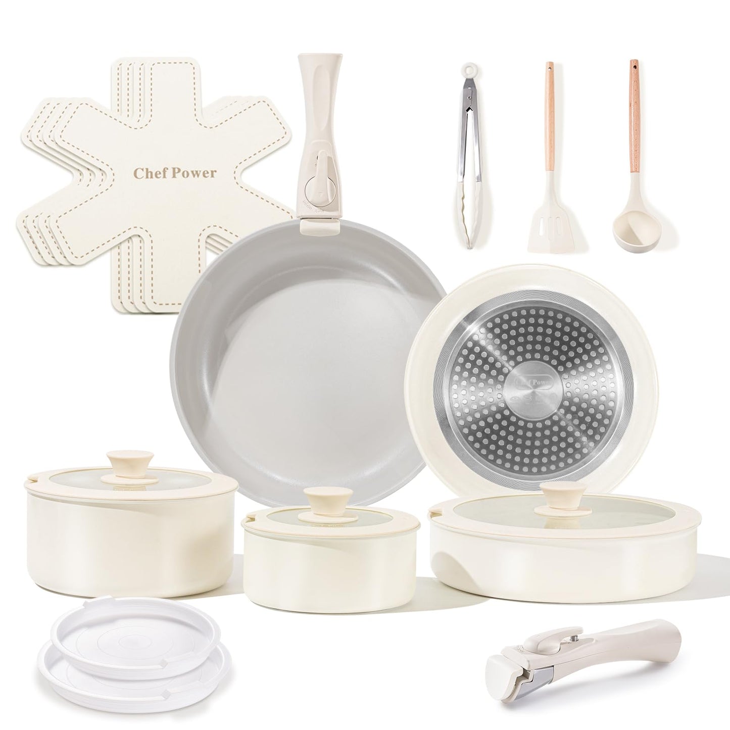 Chef Power Ceramic Nonstick Pots and Pans Set 19 Piece with Detachable Handle, Induction Dishwasher Oven Safe Cookware Set, RV Kitchen Set Removable Handle, Granite Grey and White