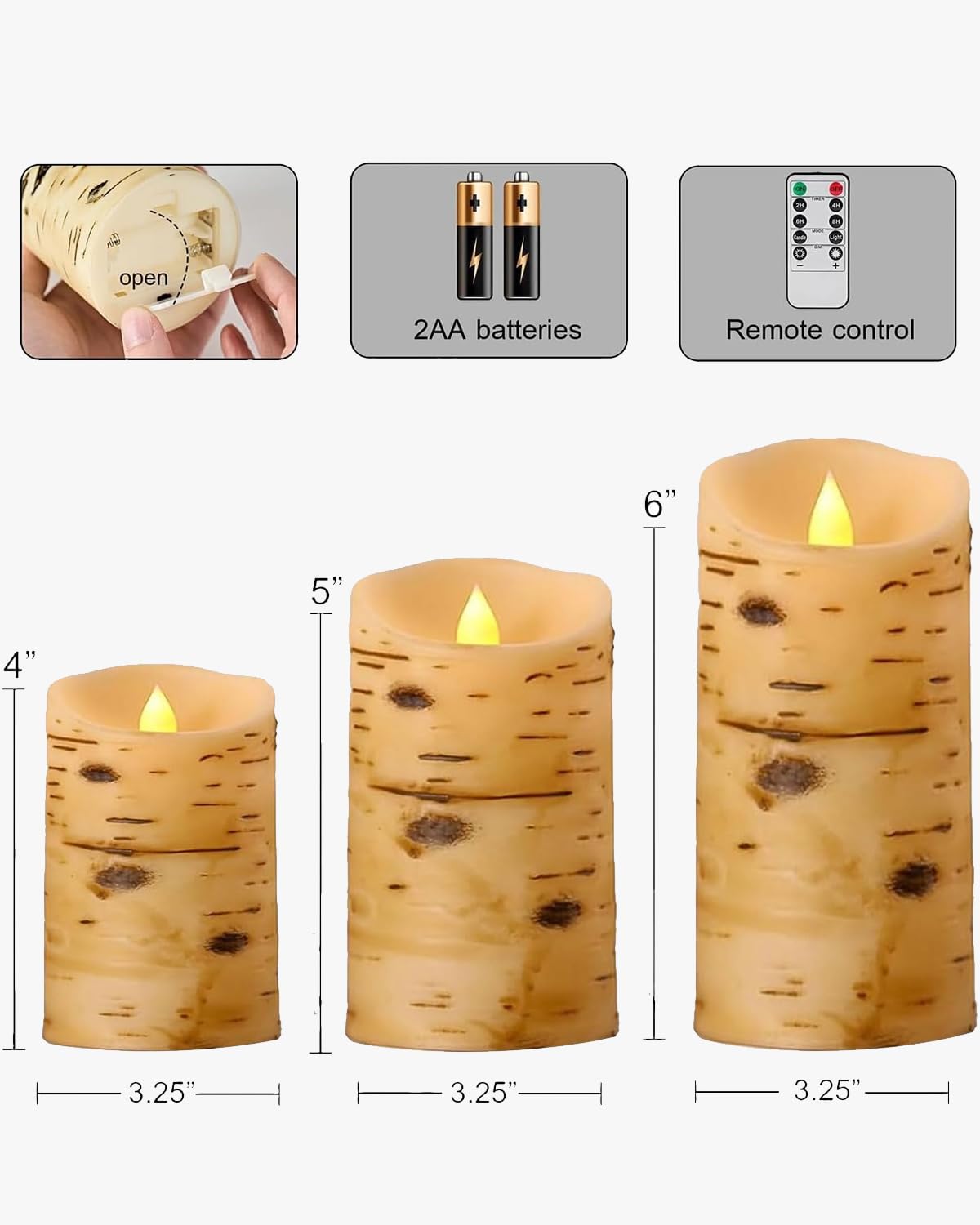 Comenzar Flameless Candles Birch Bark Candle LED Candles Home Decor H: 456" x D: 3.25" Electric Candle Faux Candles with Remote Timer Pack 3