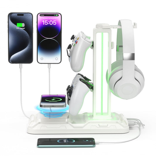 KDD Headphone & Controller Stand with Wireless Charging - Rotatable Headset Stand with 9 Light Modes - Controller Holder with 2 USB and Type C Ports - for Gamers Desktop Accessories