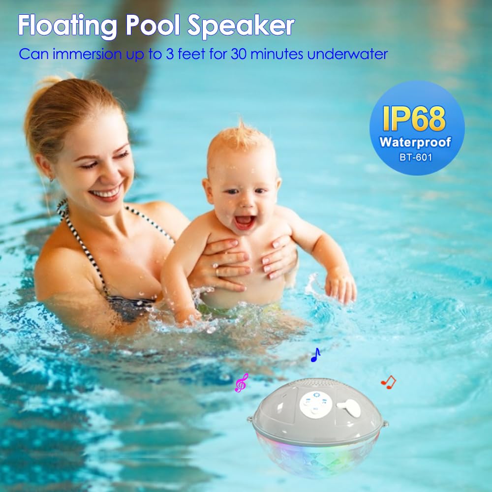 Floating Pool Speakers with Colorful Lights, IP68 Waterproof Bluetooth Speaker for Pool, Crystal Clear Sound Hot Tub Speaker for Pool, Spa and Outdoor