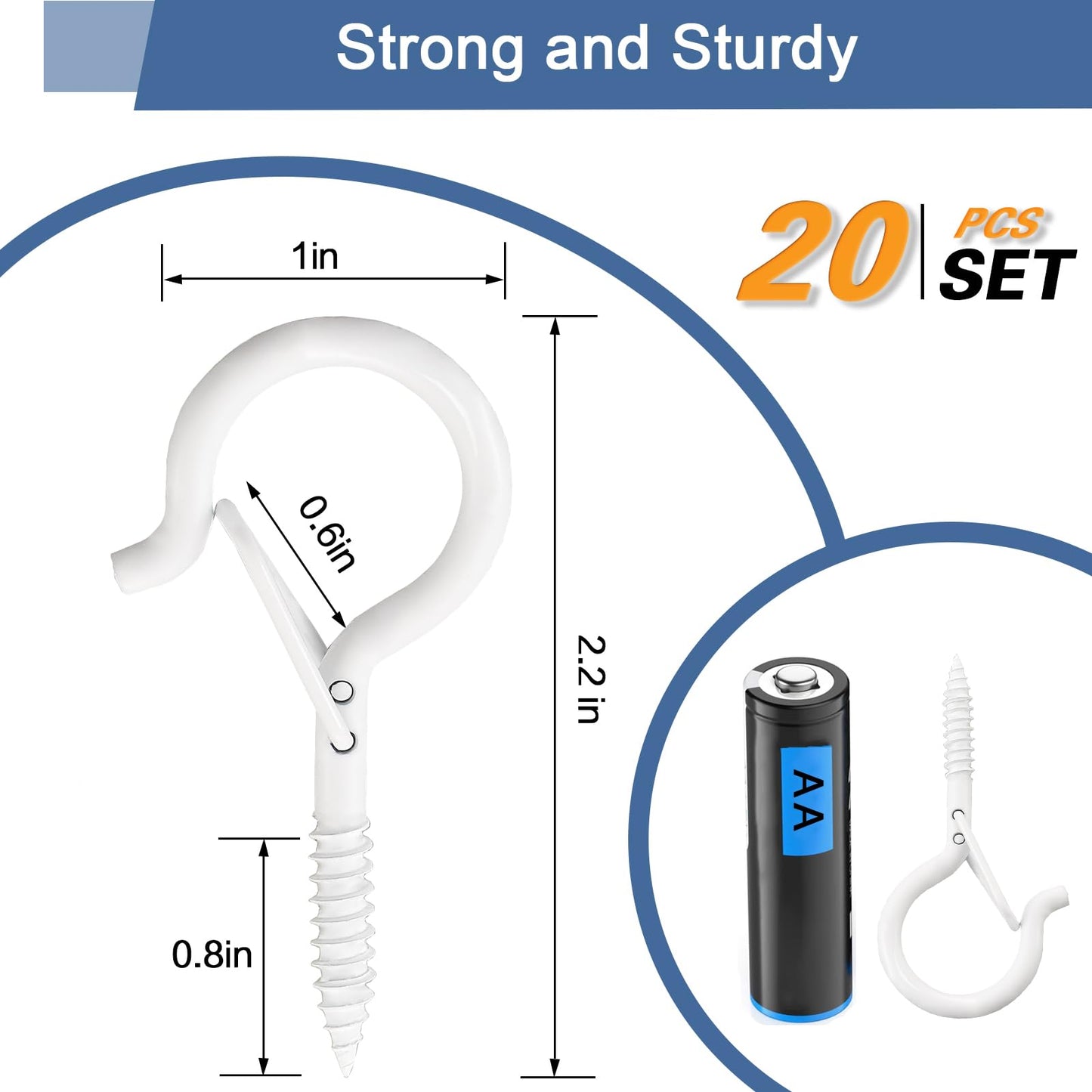 ADIIL 20 PCS Q Hanger Hooks with Safety Buckle, Windproof Screw Hooks for Hanging Outdoor String Lights, Plants, Christmas Patio Lights, 2.2 Inches, White