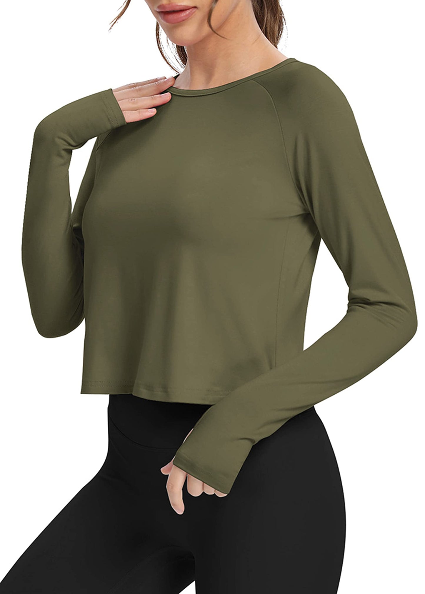 Bestisun Long Sleeve Workout Dance Clothes Split Back Gym Tennis Sports Training Wear Fitness Crop Tops Army Green M